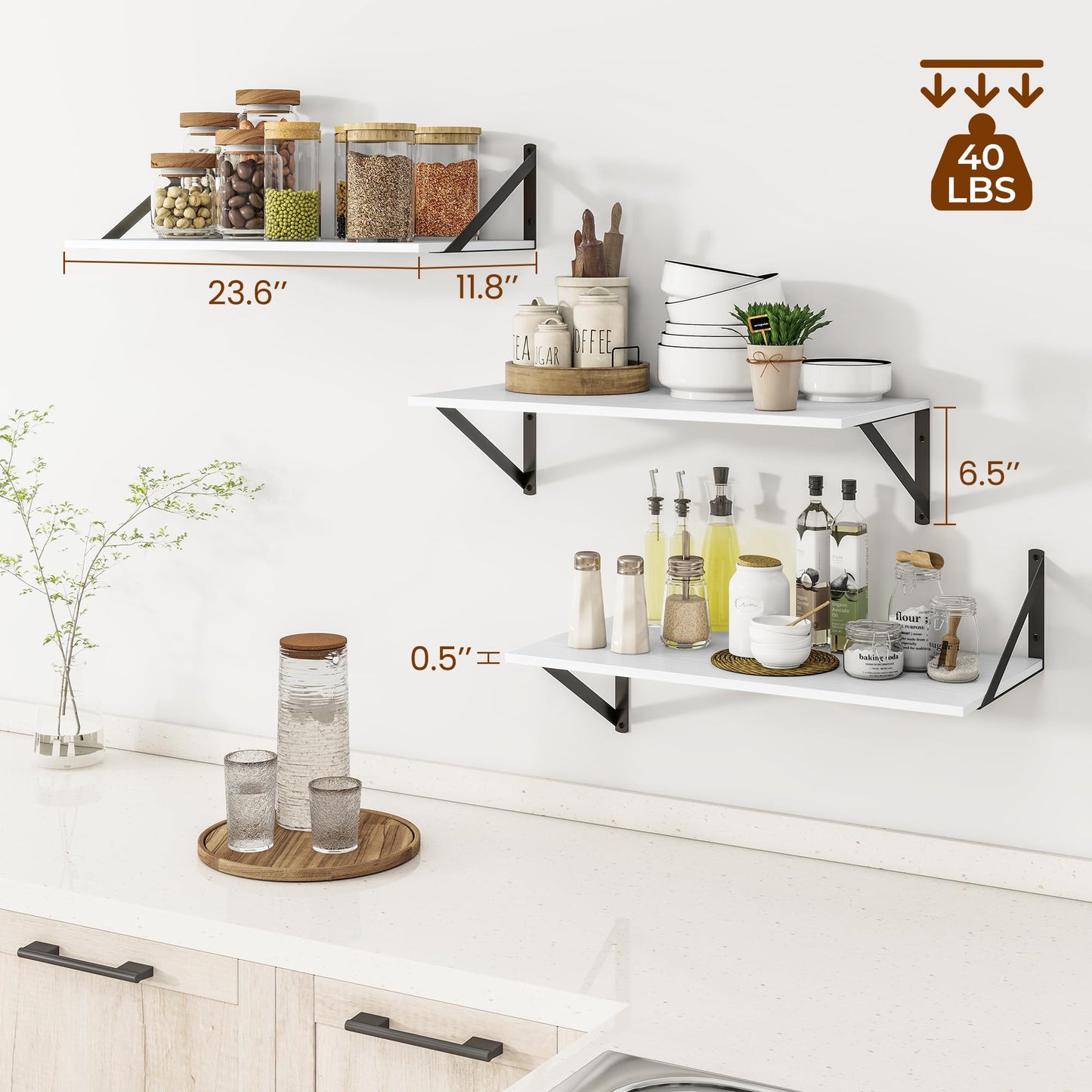 Heimlove 24" W x 12" D Wall Shelves for Books, 12 Inch Deep Floating Shelves Set of 3, Wide Floating Bookshelf with Metal Bracket for Living Room, Kitchen, Office, Bedroom and Decor Storage - White