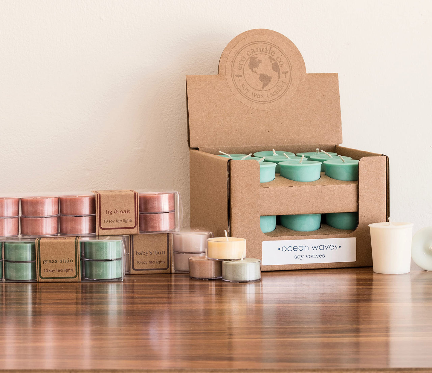 Eco Candle Co. Tea Light Candles, Caramel Rum Cake, 10-Pack - Scents of Caramel, Rum, Maple, Almond, Pear, & Vanilla - Recyclable, 100% Soy Wax, No Lead, Hand Poured, Midwest Soybeans, .6 oz. Each