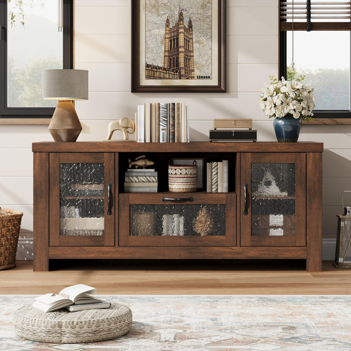 IDEALHOUSE TV Stand for 65 Inch TV, Farmhouse Entertainment Center with Acrylic Door Storage Cabinet & Adjustable Shelves, Rustic TV Console Table for Living Room Bedroom, Brown