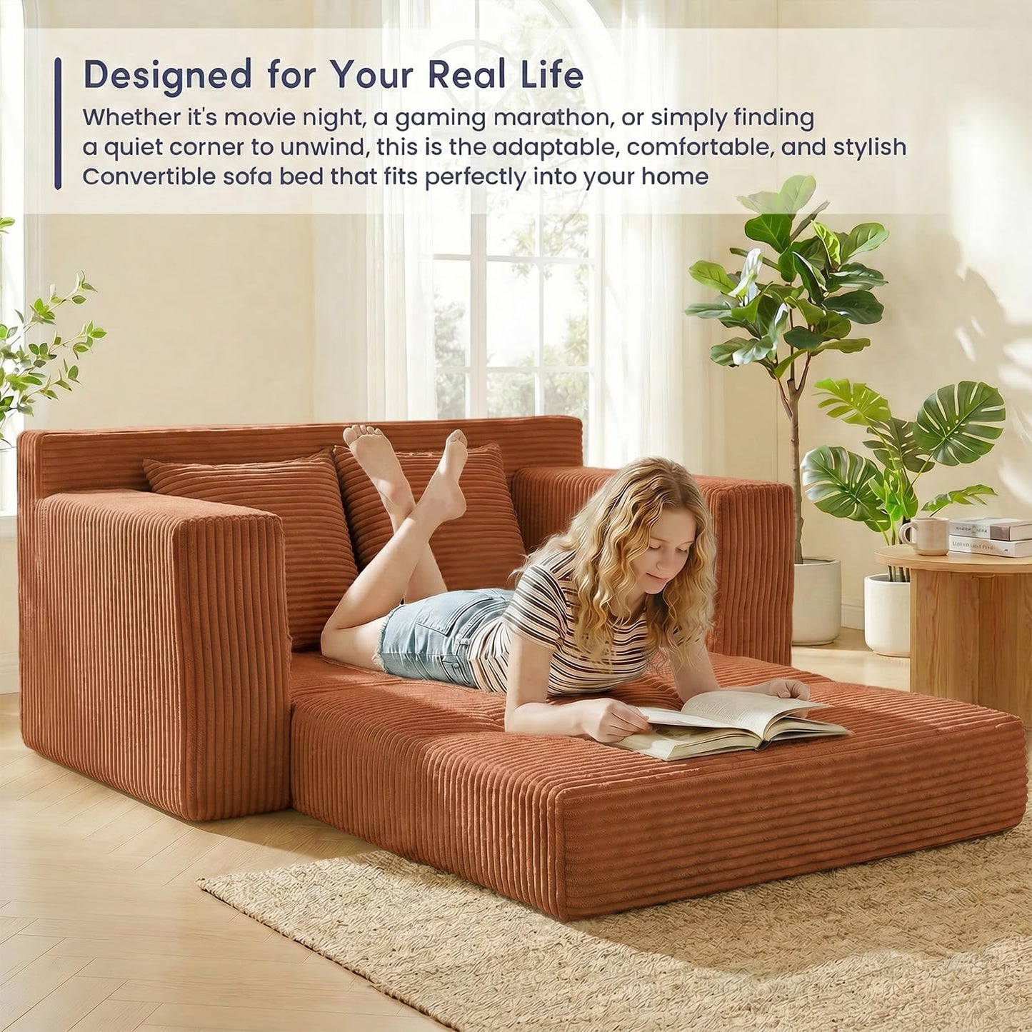 cidludto Convertible Sofa Bed, Boneless Couch 2 in 1 Loveseat Folding Couch Bed Foldable, Chair Bed & Futon Sofa Bed, Small Corduroy Pull Out Sofa with 4 Pillows for Living Room, Orange