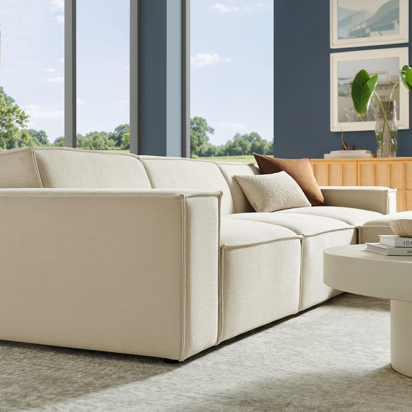 Modway Restore Performance Fabric Upholstered 4-Piece Modular Sofa Set with Ottoman in Ecru - Low Profile Sectional Sofa with Coil Seat Support and French Piping