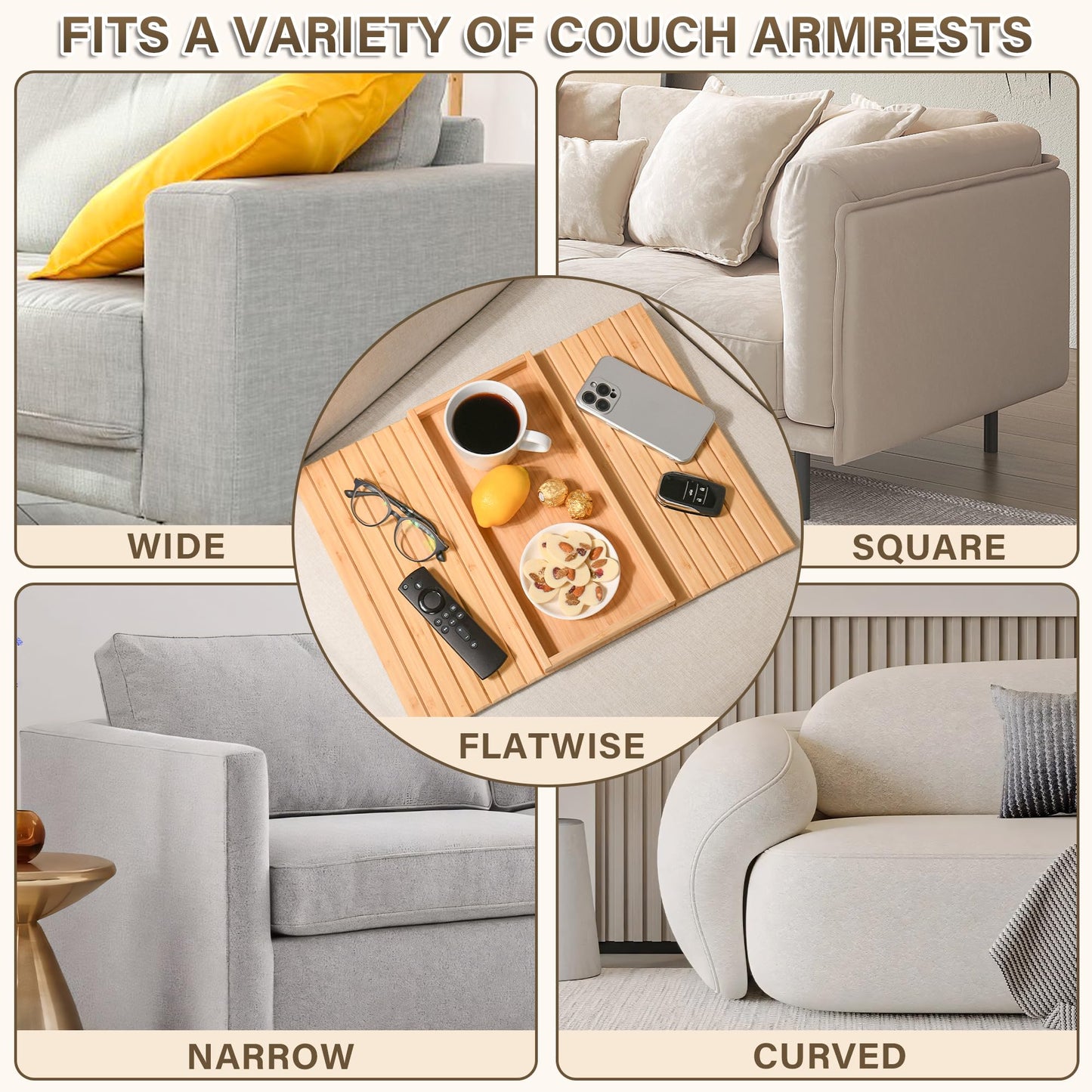 YUBAMIN Bamboo Sofa Arm Tray, Anti-Dropping Couch Arm Tray, Foldable Sofa Armrest Tray Couch Arm Table for Eats, Drinks, Snacks, Remote, Cellphone, Cup Holder, Back Anti-Slip Pad Design