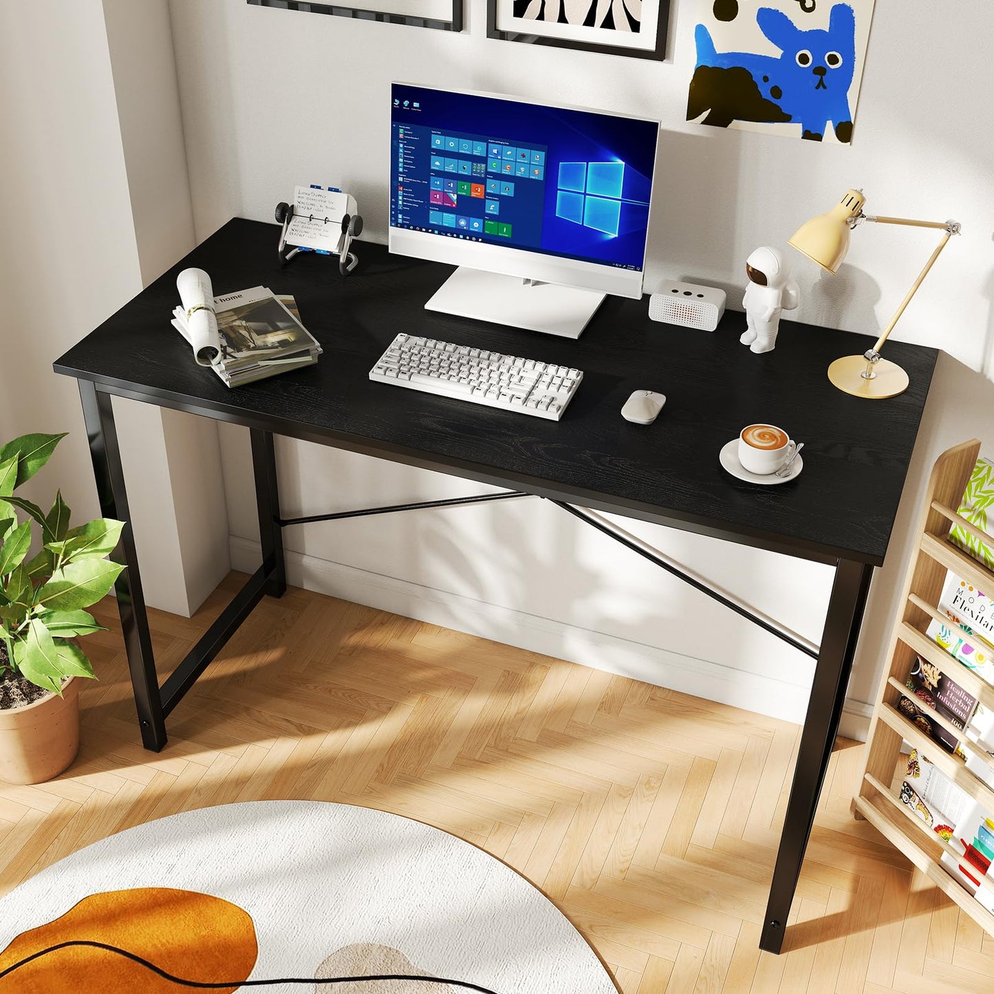 DUMOS 44 in Computer Desk for Home Office, Modern Study Work Table Simple Style for Bedroom, Writing Desks with X-Shaped Reinforcement, Black