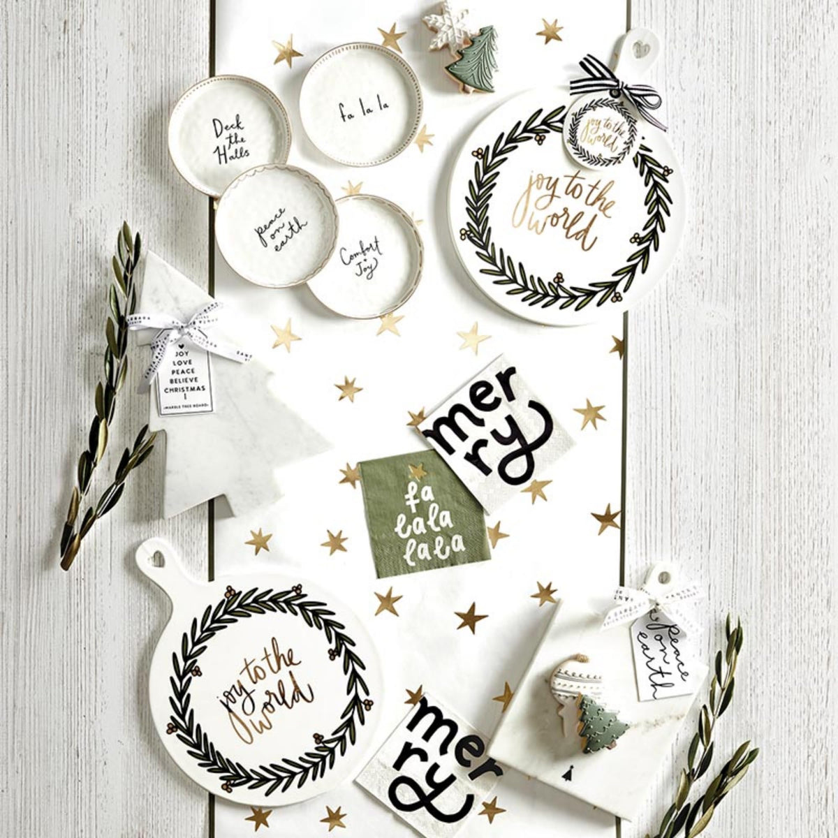 Santa Barbara Design Studio Joy to The World Square White Marble Charcuterie Cheese Tray with Handle, Small Black Tree Icon, 10.75" x 7"