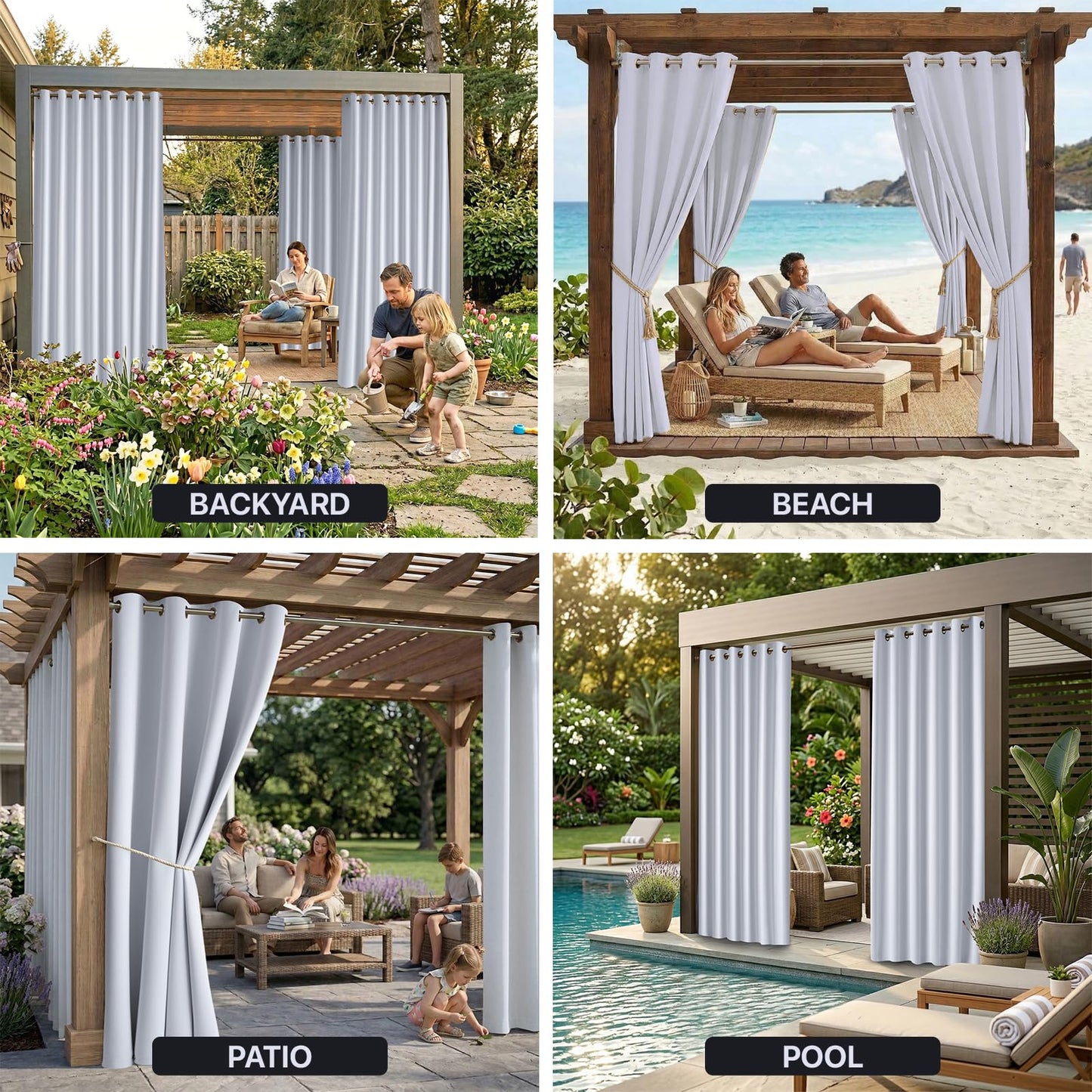 Water Proof Outside Curtains with Grommet Top for Porch, W84 x L95 Thermal Insulated Washable Light Block Outdoor Divider Drapes for Patio Gazebo Deck Pool Area Pergola Cabana (2 Panels)