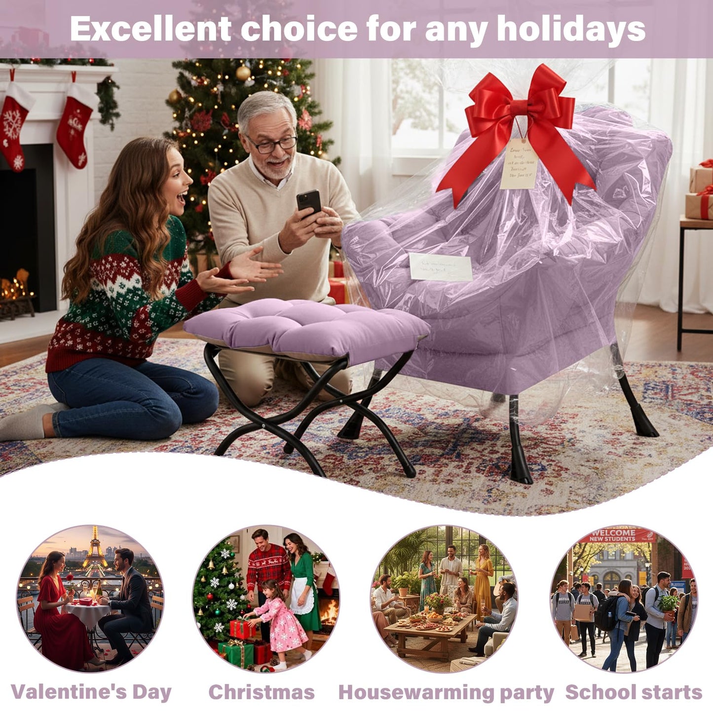 Givjoy Lazy Chair and Ottoman, Large Velvet Light Purple Accent Chair with Side Pocket, Modern Leisure Upholstered Reading Armchair with Footrest for Office, Bedroom, Living Room, Dorm Rooms, Balcony
