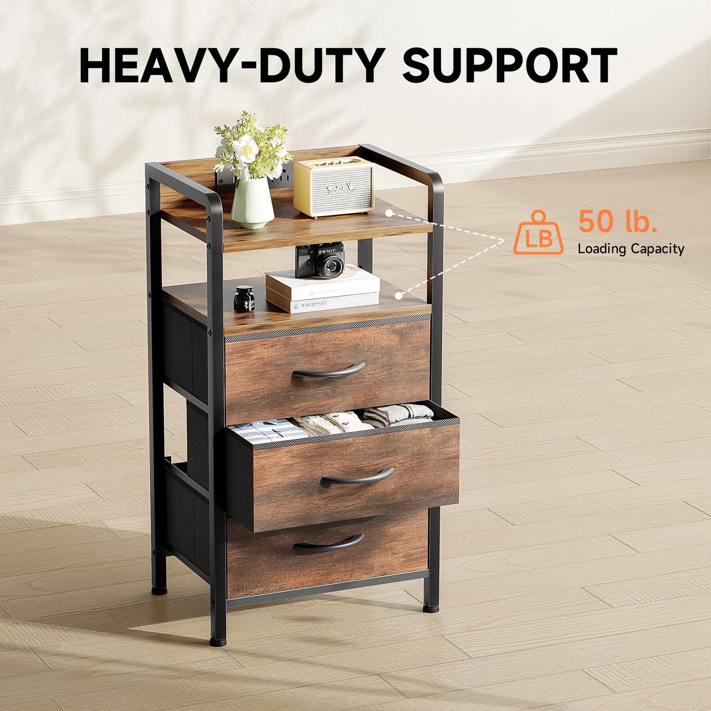 Lazzanto Night Stand Bedside Table Bedroom - Nightstand with Charging Station & LED Light Strip, Bed Side End Table with Storage Shelf & 3 Fabric Drawers, U-S-B Ports & AC Outlets, Rustic Brown