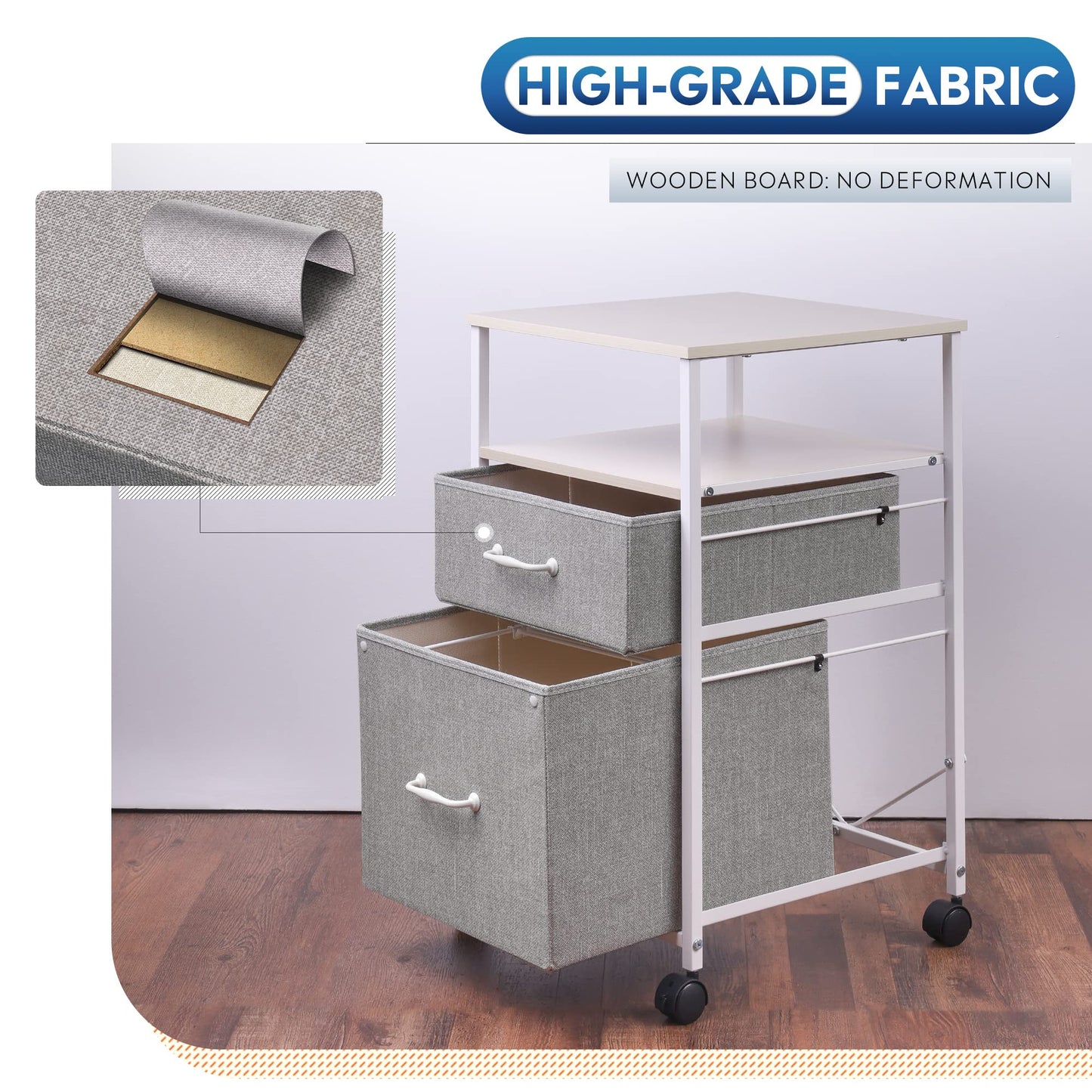 DEVAISE 2 Drawer Mobile File Cabinet, Rolling Printer Stand with Open Storage Shelf, Fabric Vertical Filing Cabinet fits A4 or Letter Size for Home Office, Light Grey