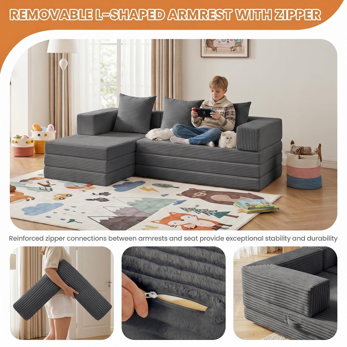Boneless Couch Small,Convertible Sleeper Sofa Bed, Modular Sectional Sofa, Modern Tri-Folding Cloud Couch with L-Shape Chaise, Corduroy Futon Couches for Small Spaces Apartment,No Assembly