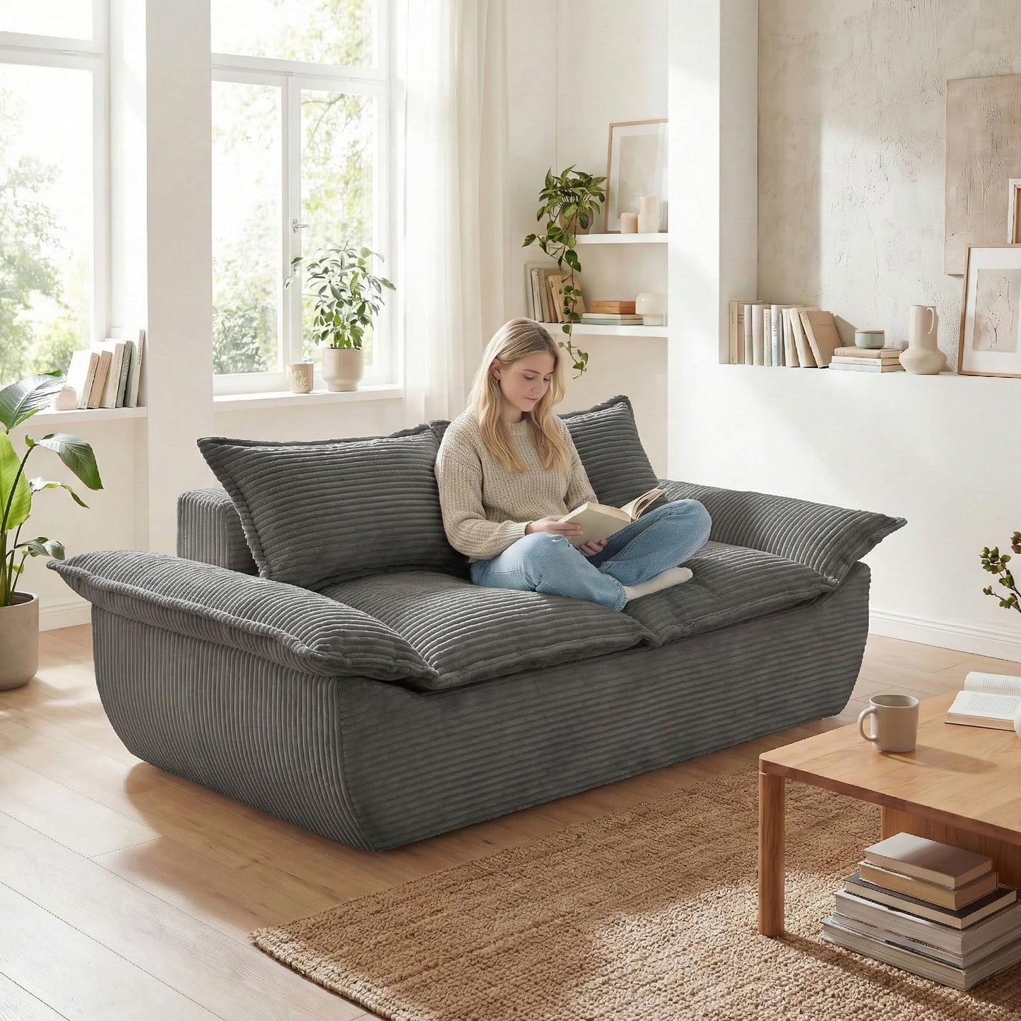 AOLVDOW Boneless Loveseat 56", 2-Seater Gray Boneless Sofa with Removable Cushions & 2 Pillows, Small Boneless Couch Compress Foam Sofa for Living Room, Apartments, & Office