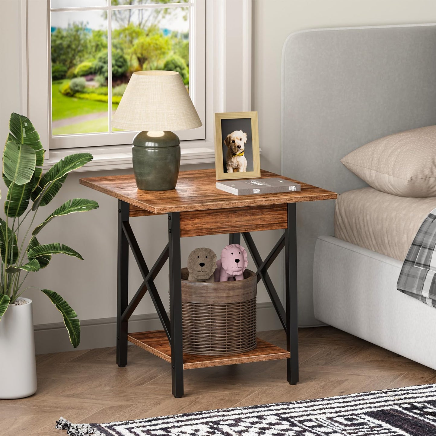 GreenForest Square End Table for Living Room, 24 Inch Large Side Table with X-Frame, Farmhouse Tall Bedside Nightstand with 2-Tier Storage Shelf, Rustic Walnut