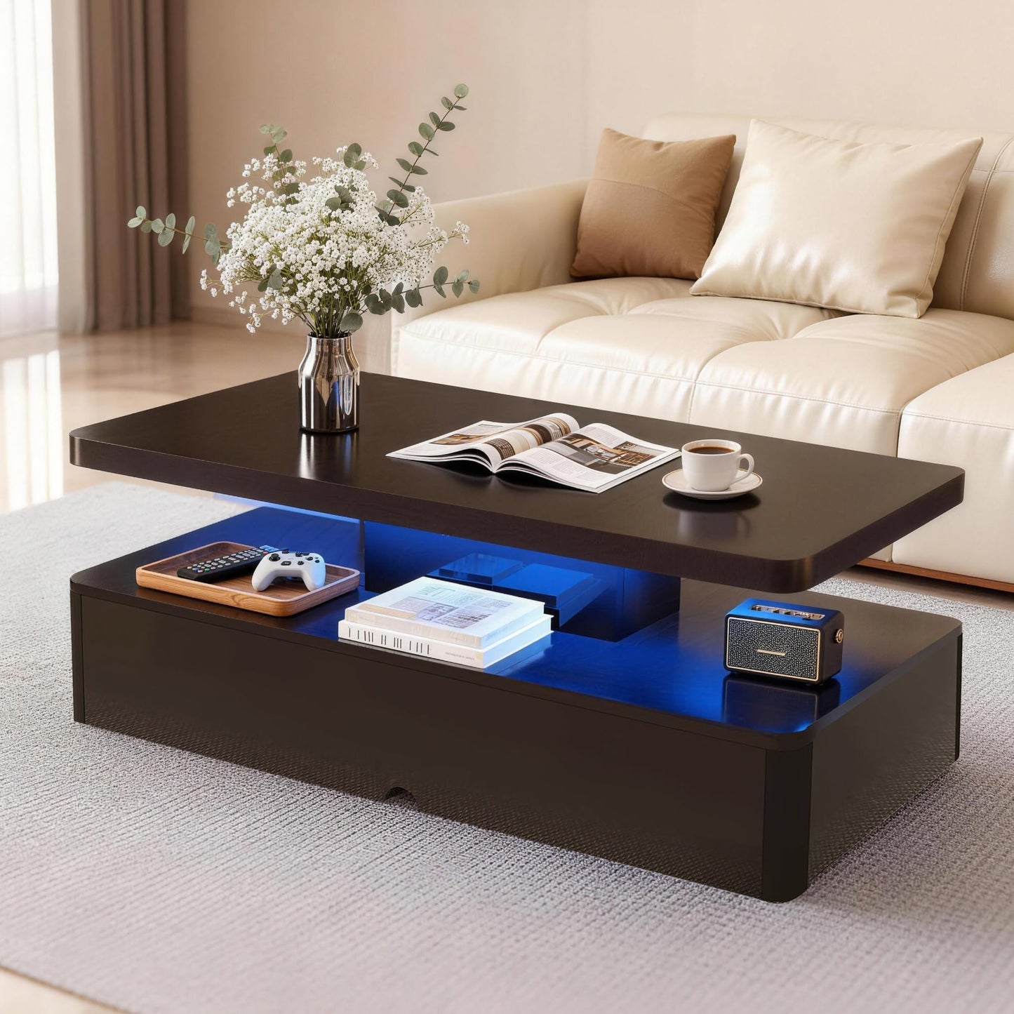 OneBlis 47" Modern Coffee Table with 16 Colors LED Lights, 2 Tier Rectangular Center Table with Large Storage Space, Stylish High Glossy Wooden Tea Tables for Living Room, Bedroom, Home Office, Black