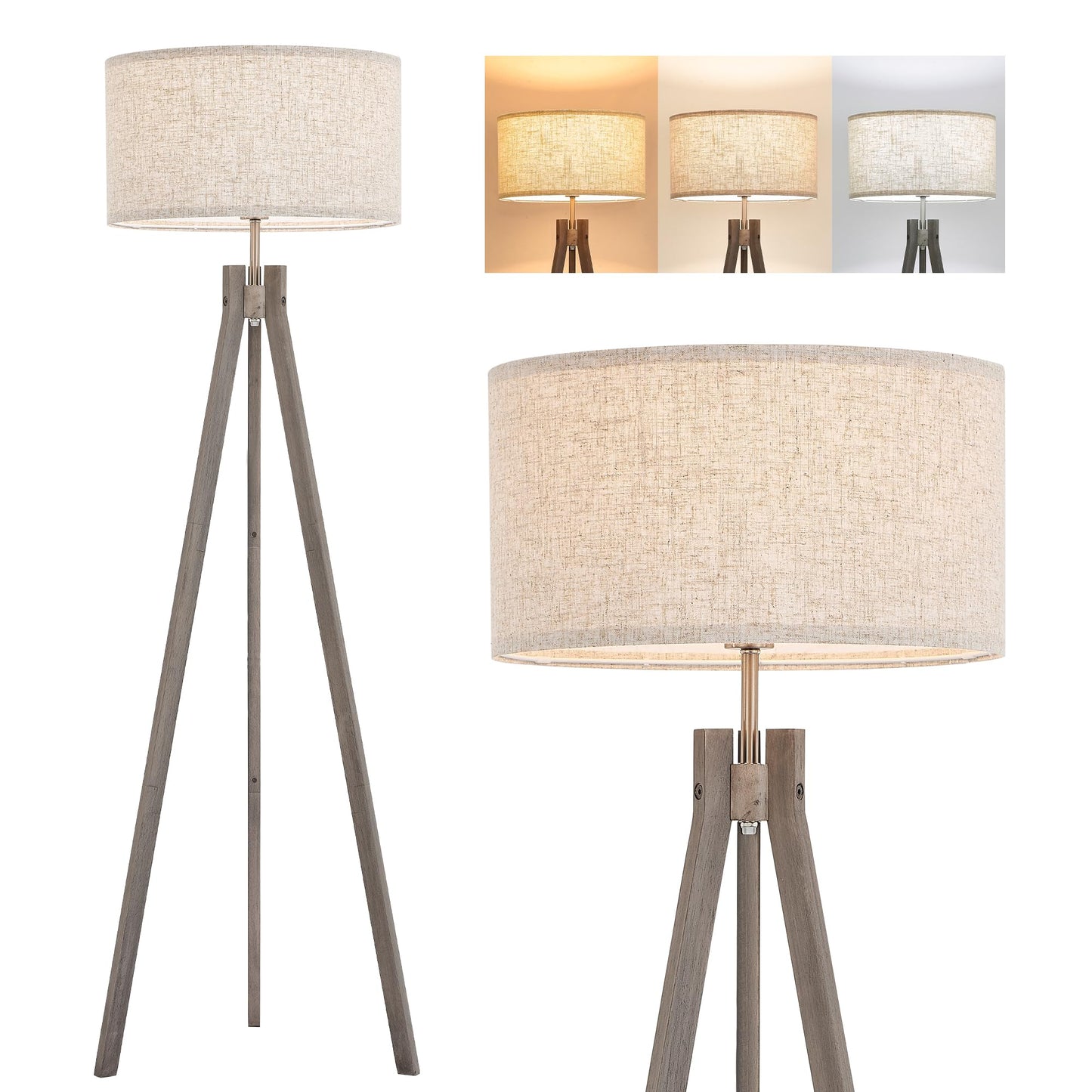ELYONA Farmhouse Wood Tripod Floor Lamp, Modern Reading Standing Lamp with 3 Color Temperatures LED Blub & Nature Linen Shade, Night Light for Living Room, Bedroom, Study Room, Office, Grey