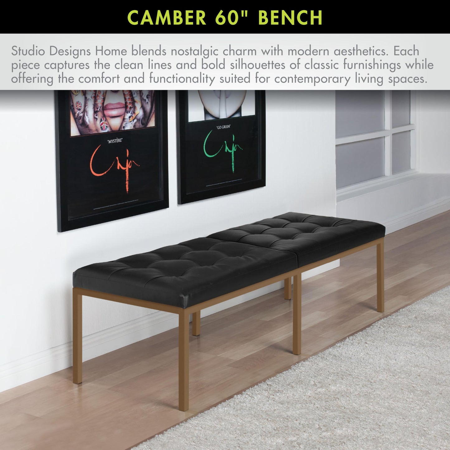 Studio Designs Home Camber Modern Dining Room 60" with Chrome Legs and Tufted Faux Leather, Entryway or Livingroom Accent Bench, Bronze/Black