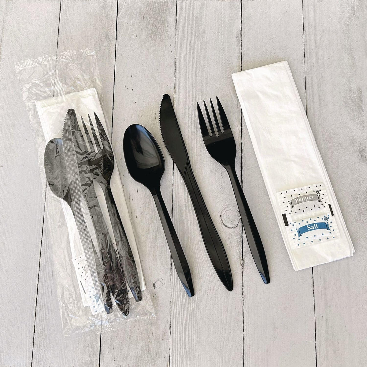Boardwalk Disposable Plastic Cutlery Set, Six Piece Silverware Kit, Case of 250 Fork Knife Spoon Napkin Salt & Pepper, Polystyrene, Black, Individually Wrapped
