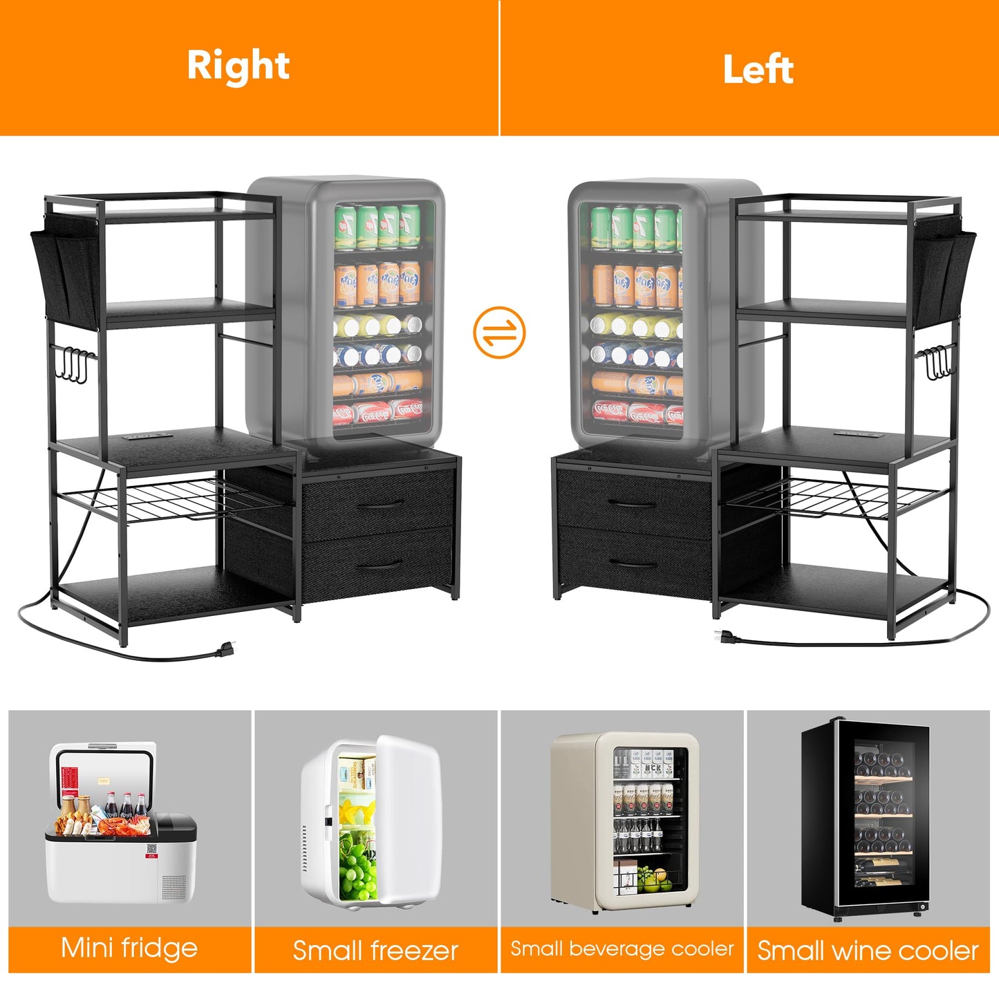 POZILAN 47" Adjustable Mini Fridge Stand with Storage, 5-Tier Mini Fridge Shelf with Power Outlet, Sturdy Coffee Bar Station with Pod Storage, Microwave Stand for Dorm, Office, Kitchen, Black