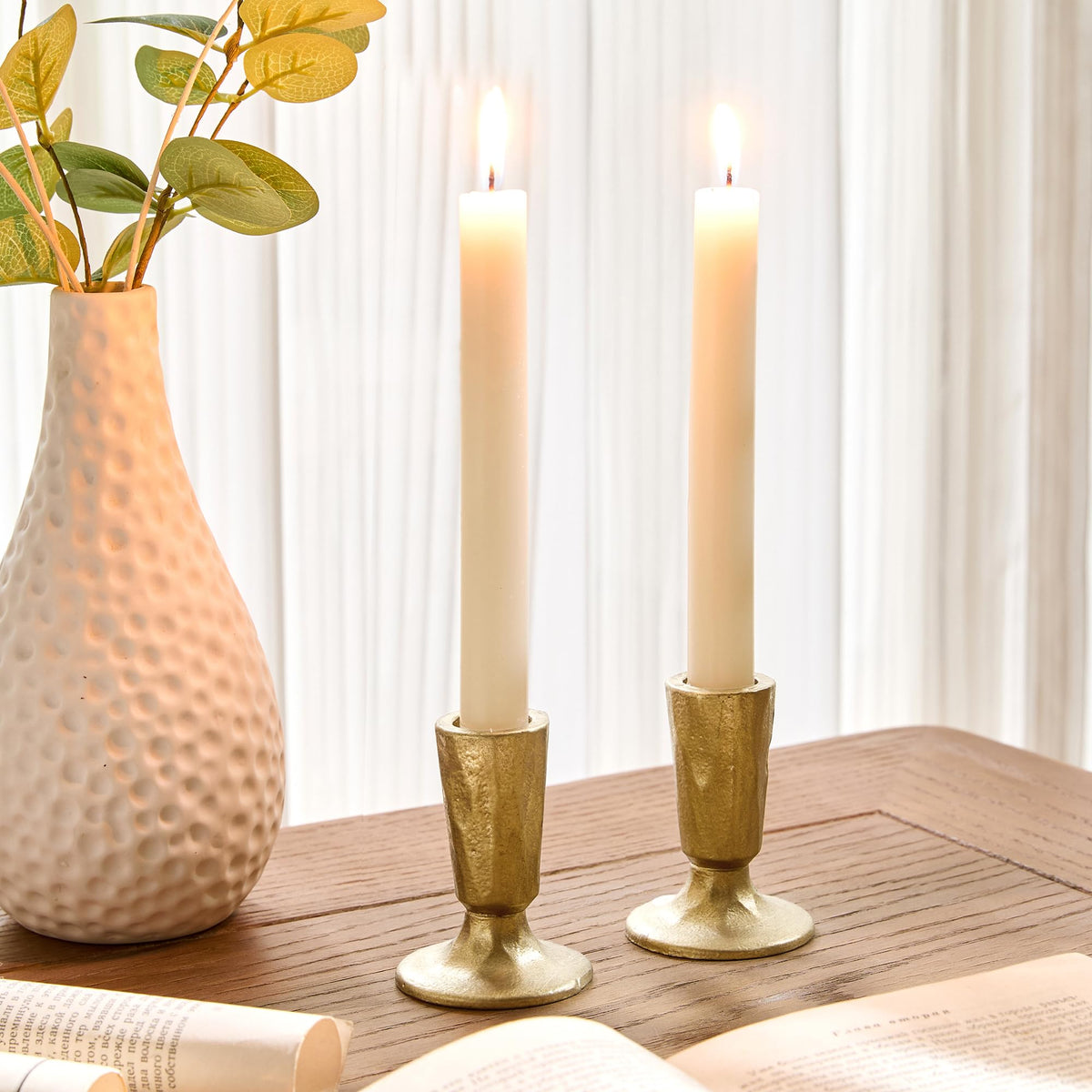 Cast Iron Taper Candle Holder Set of 2, Antique Brass Candlestick Holders Decorative Candle Stand, Tapered Candle Holders Tall Set for Wedding, Holiday, Home Decor, Christmas Decoration (Gold)