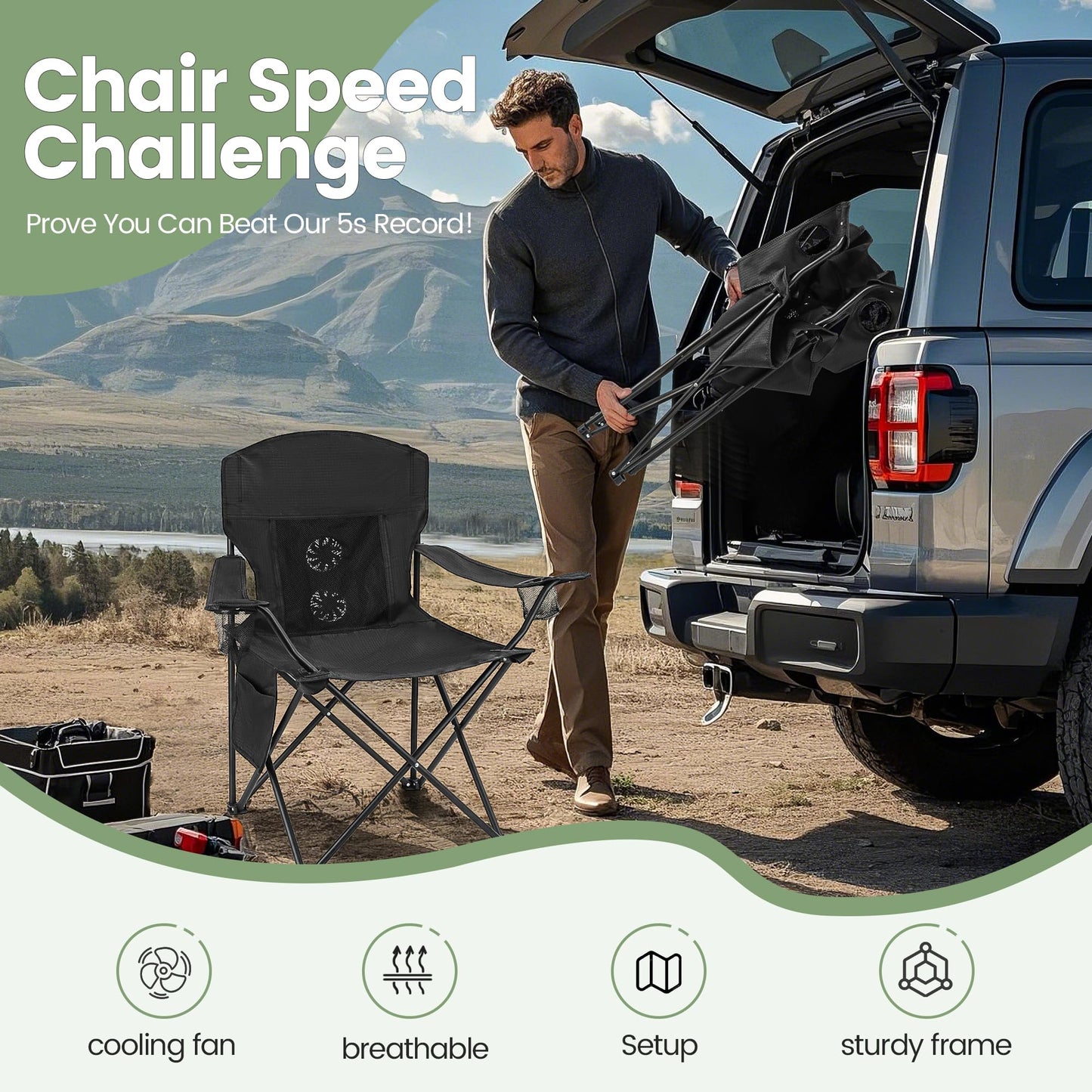 2 Pack Camping Chairs with Fan, Lightweight Camp Chair 300LBS Portable Foldable Chairs for Adults & Teens, Compact with Carry Bag for Camping, Beach, Picnics, Outdoor