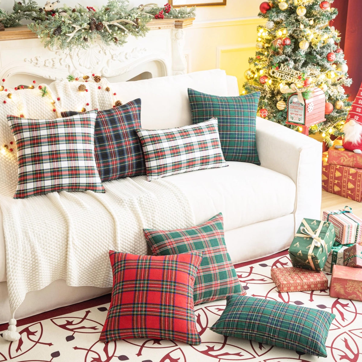 AQOTHES Pack of 2 Christmas Plaid Decorative Throw Pillow Covers Scottish Tartan Cushion Case for Farmhouse Home Holiday Decor Red and White, 24 x 24 Inches