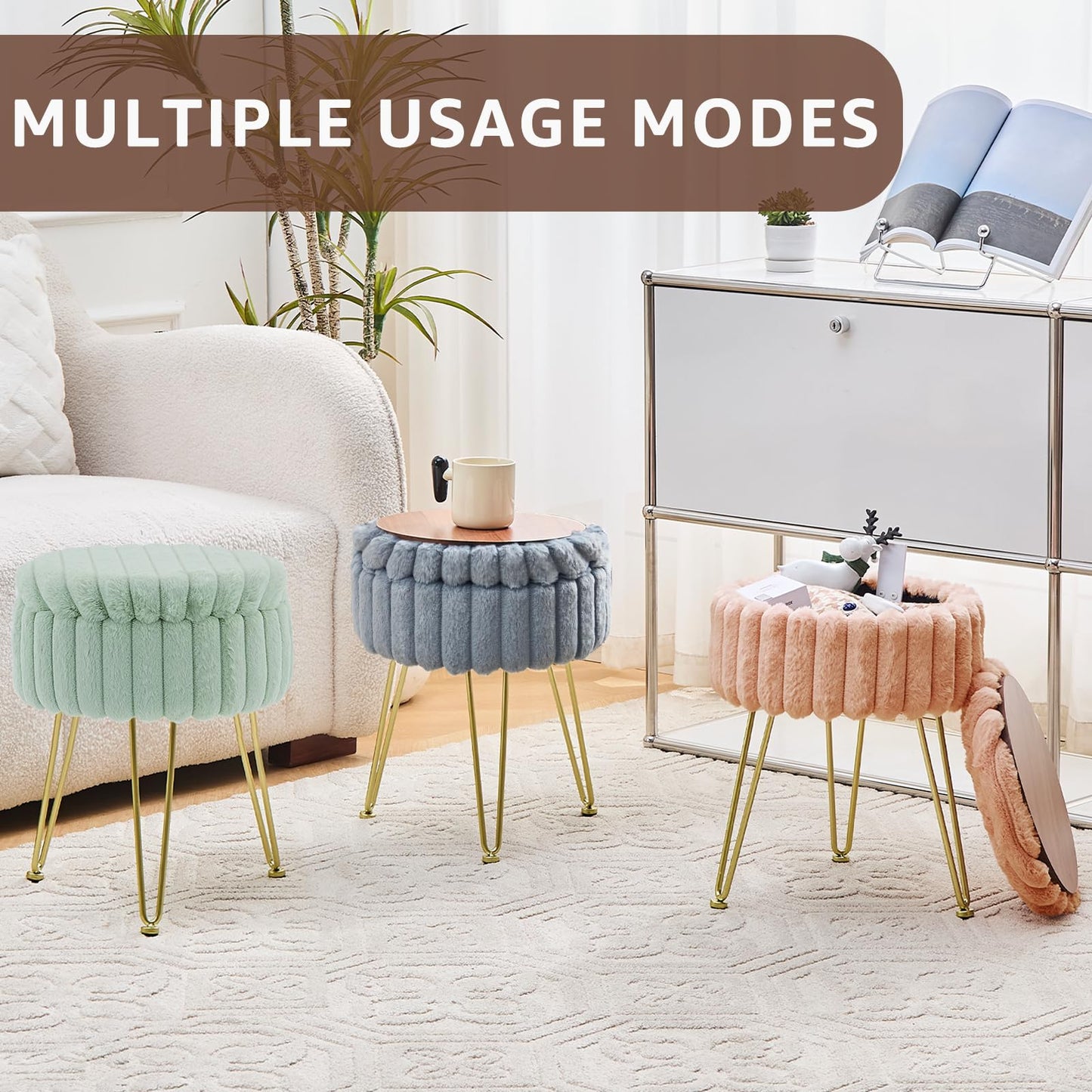 Wimarsbon Vanity Stool with Storage, Faux Fur Ottoman Chair with Metal Legs, Round Makeup Vanity Chair for Bedroom or Dressing Table, Modern Small Ottoman Seat (Green)