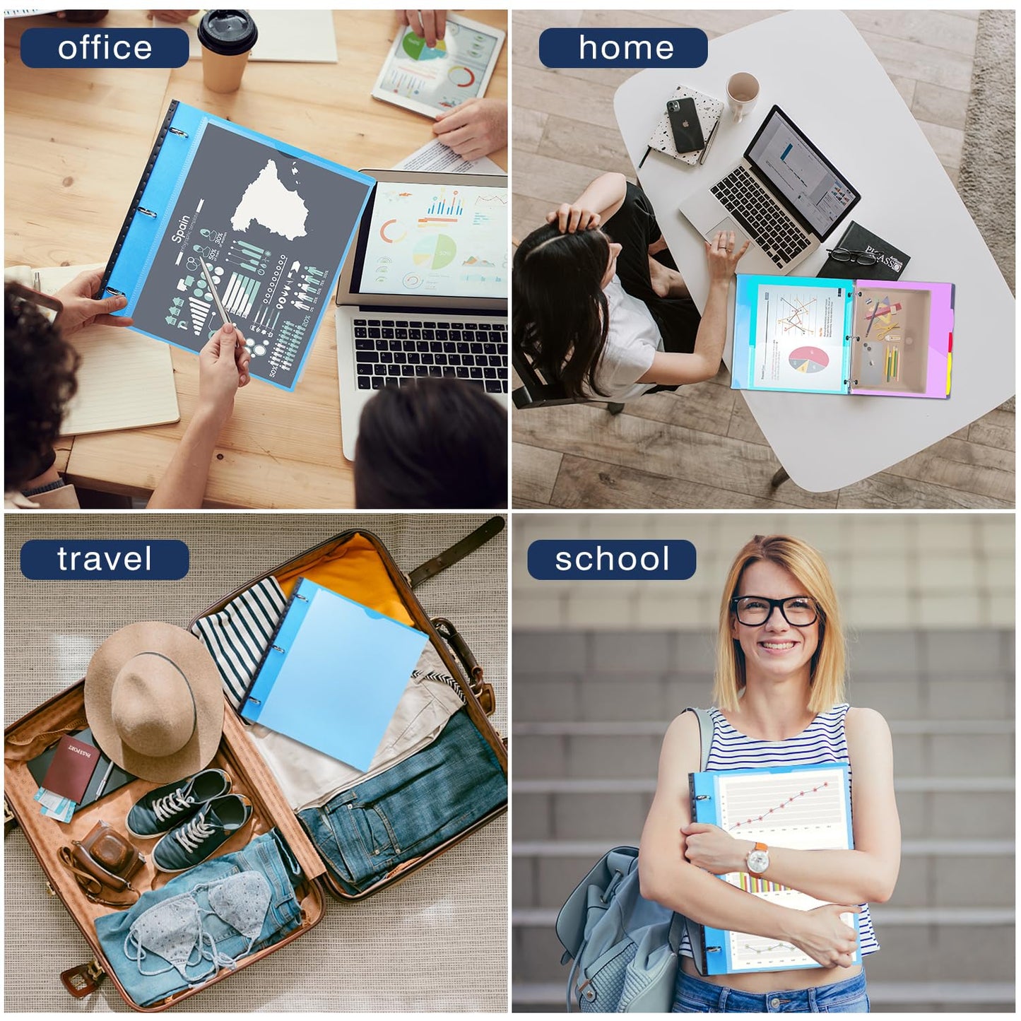 INFUN 1 Inch Telescoping Project Organizer Binder-2PCS,13 Pocket, Customizable Front Cover, 5 Colors Pocket Divider and Plastic Binder Pocket,225 Sheet Capacity-Blue