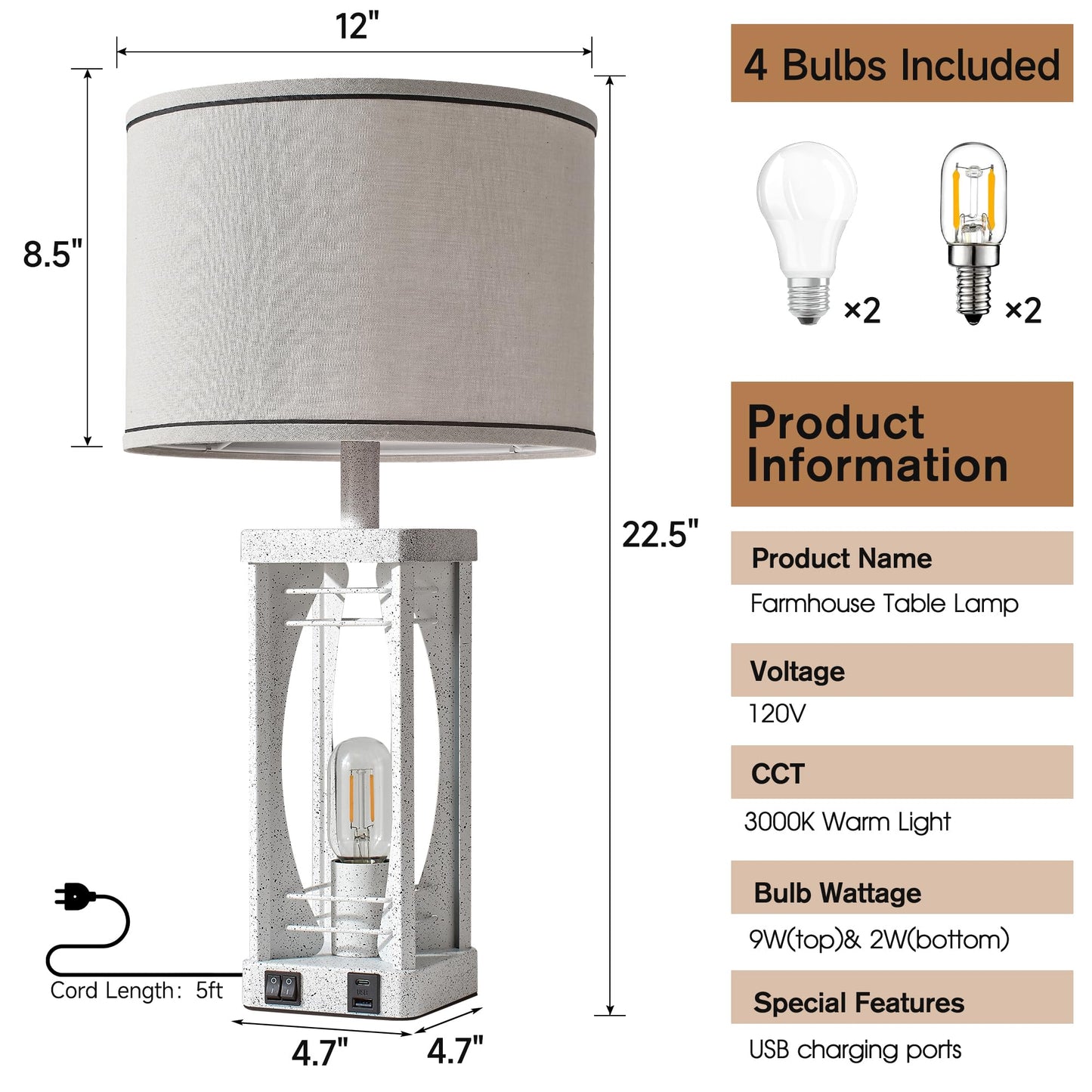 SRJJA Farmhouse Table Lamps Set of 2 for Living Room, Modern Industrial Bedside Lamps with USB A+C Charging Ports, 22.5" Dual Light Nightstand Lamp with Linen Shade for Bedroom End Tables