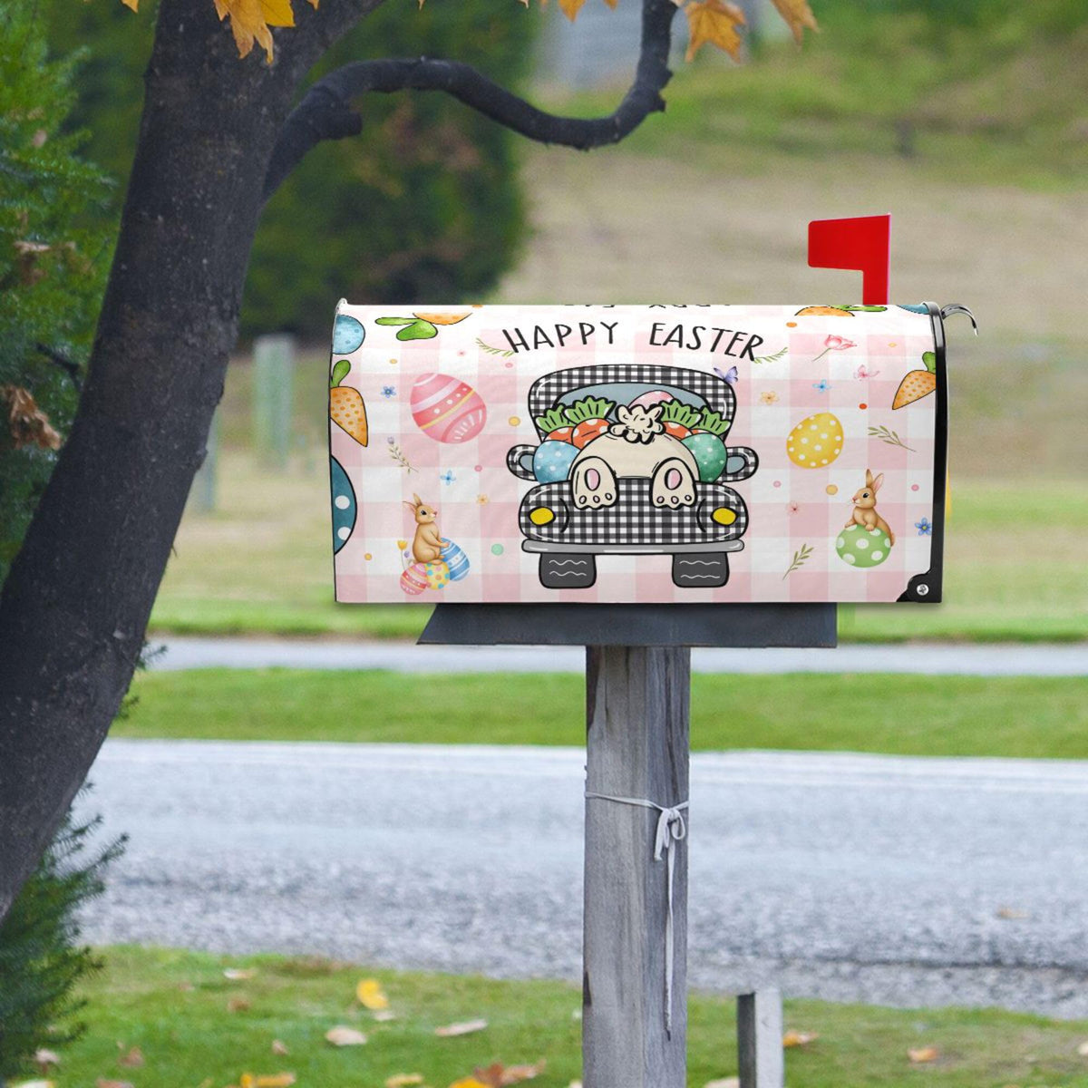Easter Bunny Black White Buffalo Plaid Mailbox Cover Standard Happy Easter Day Eggs Rabbit Welcome Spring Magnetic Mailbox Covers Garden Yard Porch Mail Boxes Cover Holiday Decorations 21" L x 25" W