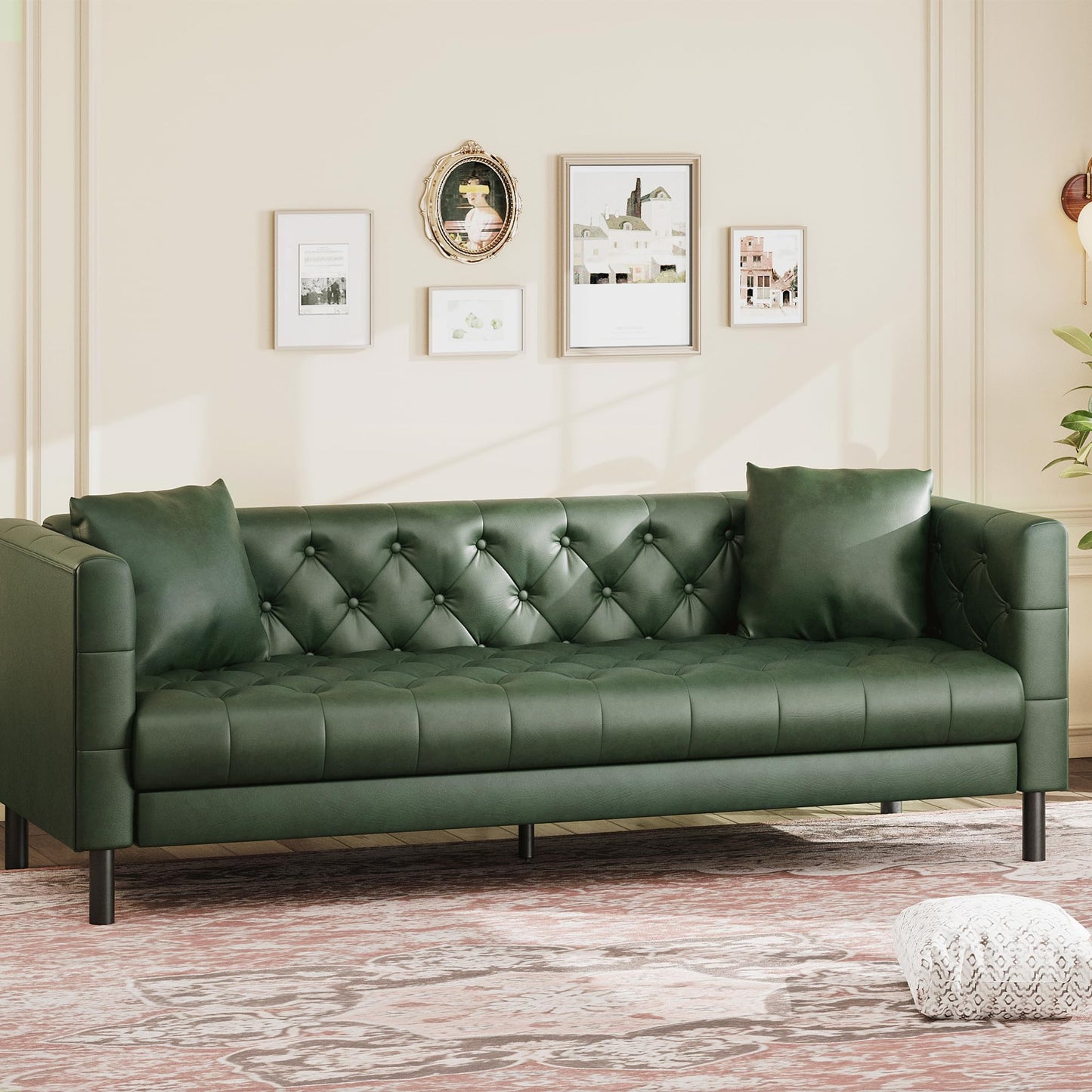 GarveeHome 81 in Leather Couch for Living Room, Modern Sofa Couch with Deep Seat, Handmade Button Tufted 3 Seater Sofa, Leather Sofa for Apartment, Office, Green