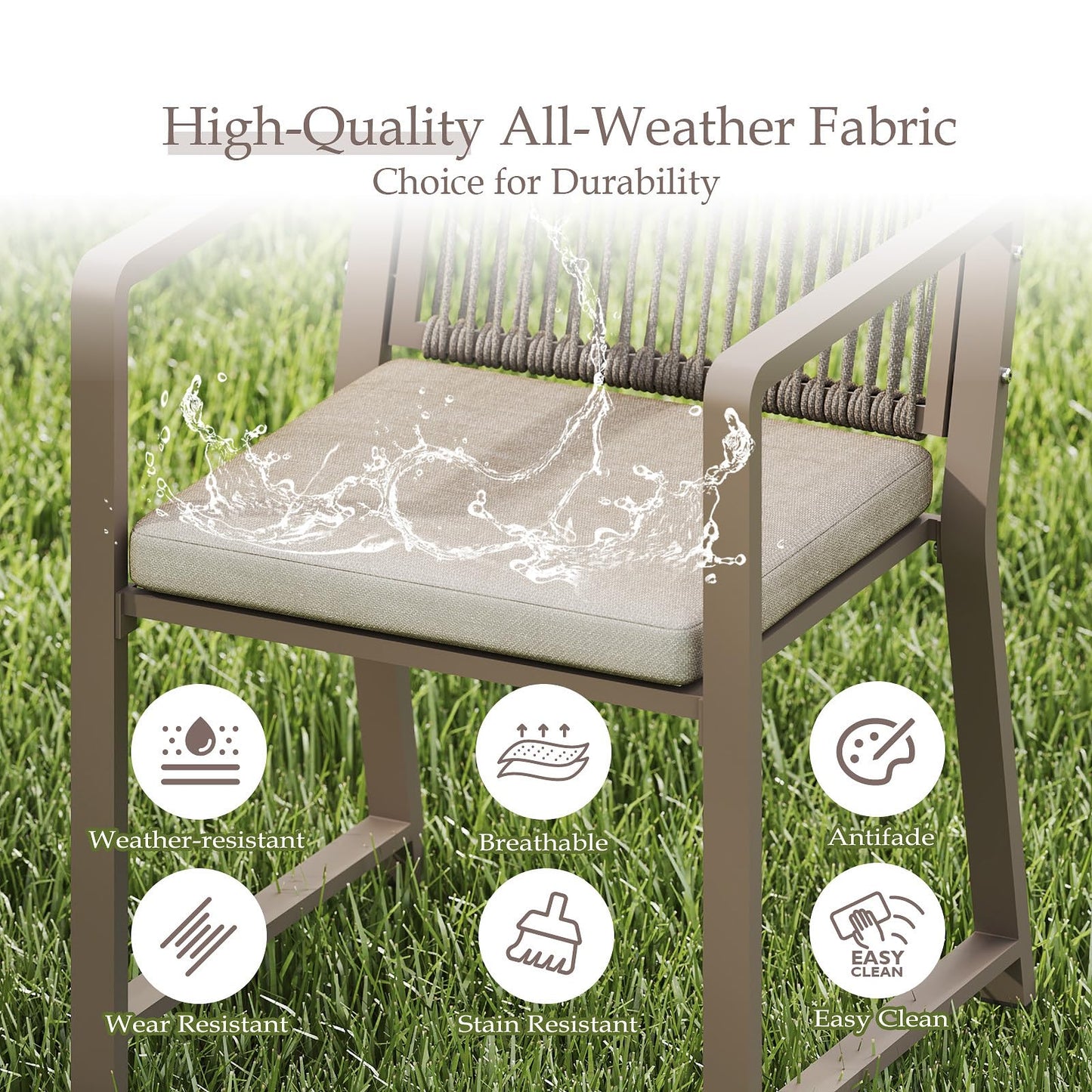 Coreporch Outdoor Patio Dining Chair, All-Weather Woven Rope Outdoor Chairs Set of 2, Sturdy Iron Frame, 400 lbs, Ergonomic Backrest, Removable Breathable Cushion, for Patio & Garden, Light Brown