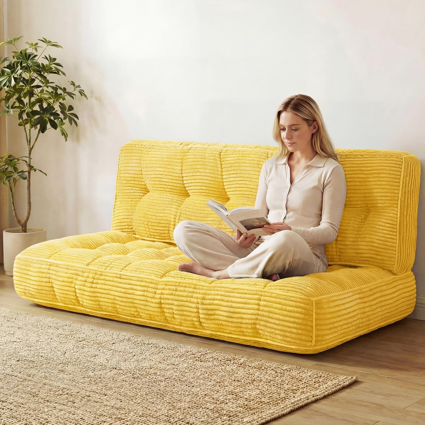 63 Inch Folding Sofa Bed Convertible Chair, 2-in-1 Convertible Boneless Sofa Floor Cushions Couch Mattress Oversized Corduroy Upholstered Sleeper Chair for Living Room Guest Apartment(Yellow)