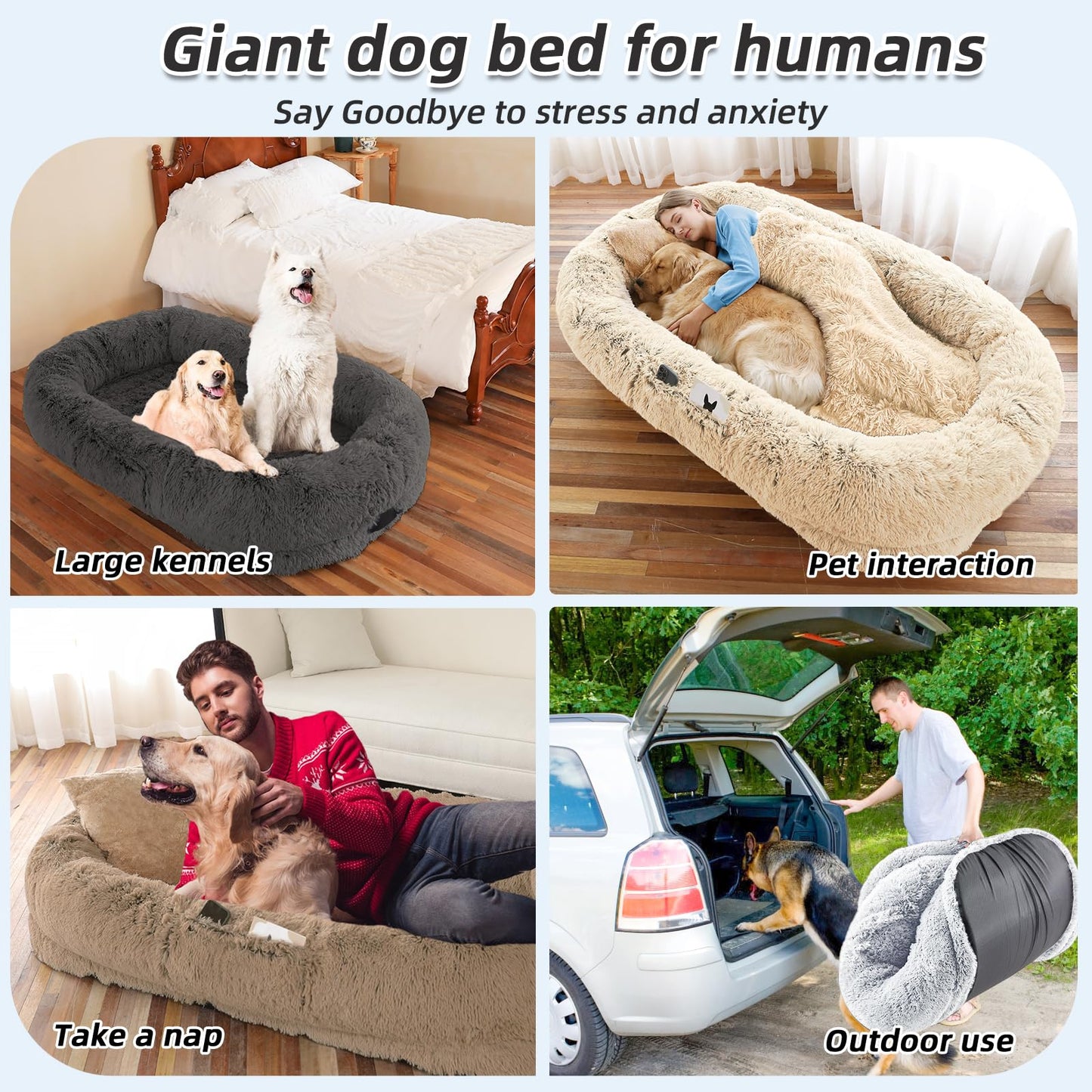 WROS Human Dog Bed, Large Dog Beds for Humans Size Fits You and Pets, Washable Faux Fur Orthopedic Human Pet Bed for People Doze Off, Napping, Present Pillow, Blanket, Strap - Khaki