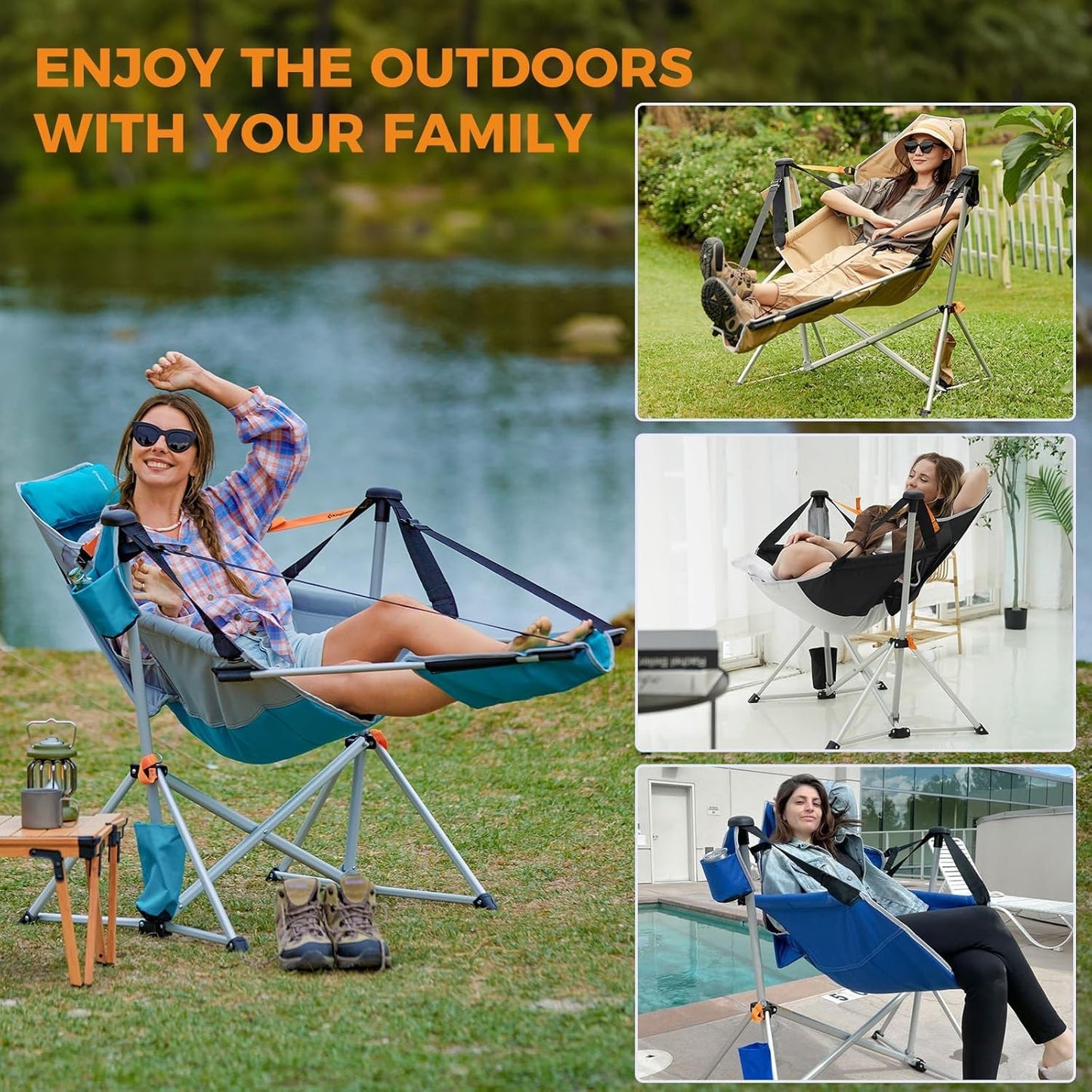 KingCamp 2 Pack Hammock Chairs with Footrest, Heavy Duty Swinging Rocking Camping Chairs for Adults 400lbs, Folding Portable Oversized Rocker with Cup Holder & Pillow for Outdoor Beach Lawn RV Sports