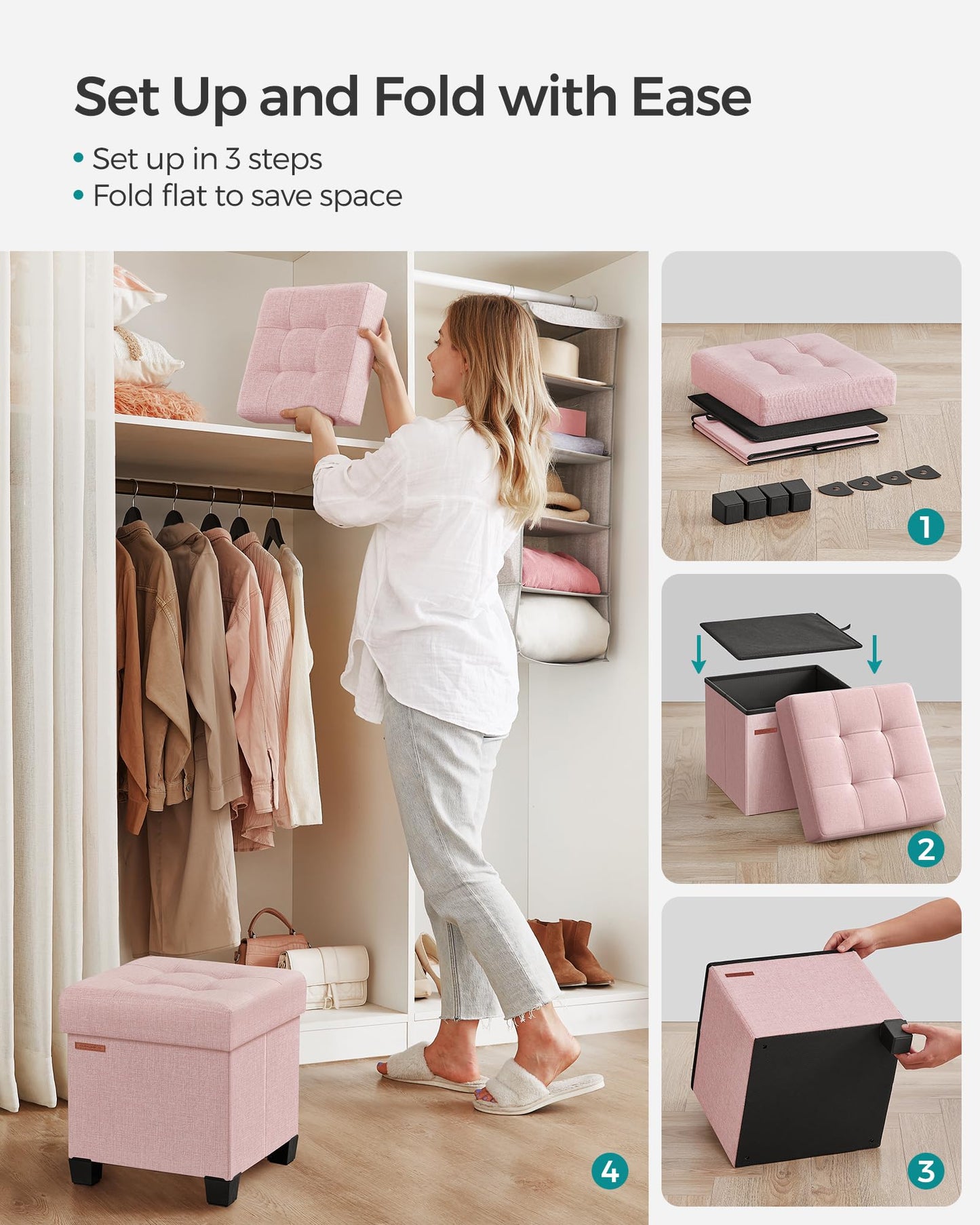SONGMICS Storage Ottoman, Small Ottoman Foot Rest with Legs, 15 x 15 x 15.7 Inches Foot Stool, Load up to 660 lb, for Living Room, Bedroom, Dorm, Jelly Pink ULSF014P01