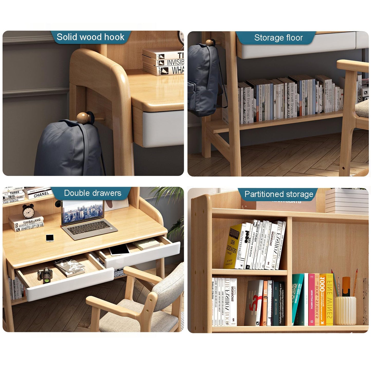 Study Desk Table with Hutch & Bookshelf & Drawers,Solid Wood Chi-*ld*ren Computer Desk Office Desk,Height Adjustable Workstation Teen*AGER Writing Desk for Home School, 126x60x177cm(50x24x70in)