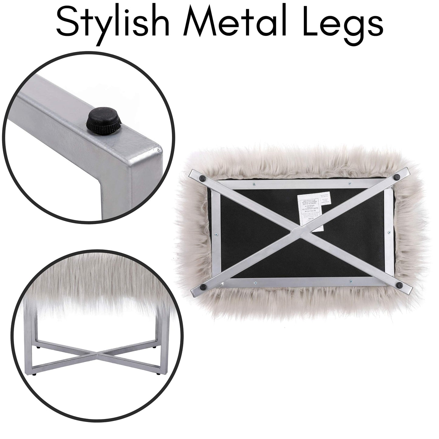 BIRDROCK HOME Rectangular Faux Fur Vanity Foot Stool Ottoman with Metal Legs - Small Soft Padded and Fluffy Makeup Seat or Foot Rest for Bedroom, Desk, or Dressing Table (Gray and Silver)