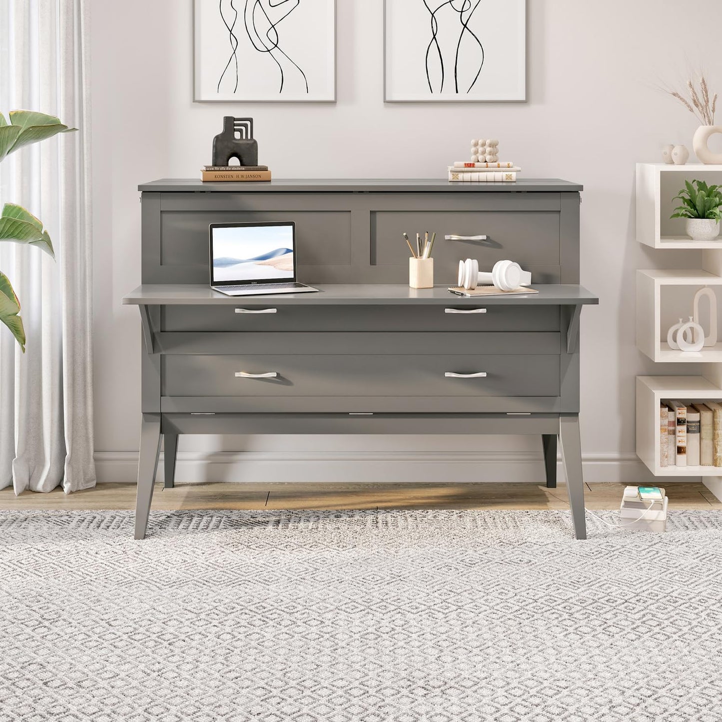 HomeStock Full Murphy Bed Desk with 6" Mattress & Built in Charger in Grey