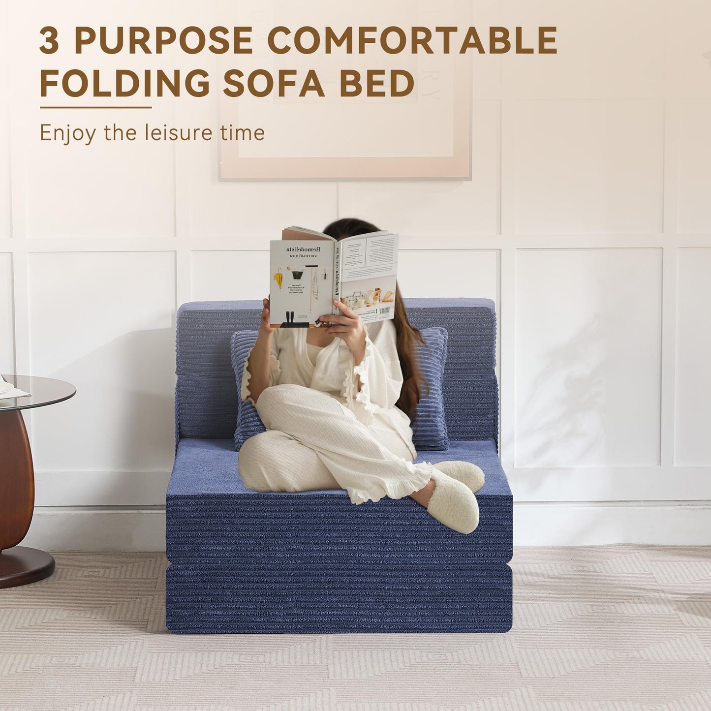 WUTUTUEE Folding Sofa Bed Convertible Floor Couch Foldable Chair Bed with Pillow,Linen Sleeper Chair Futon,Foldable Memory Foam Mattress for Bedroom/Living Room/Dorm/Office (Corduroy Navy, Single)