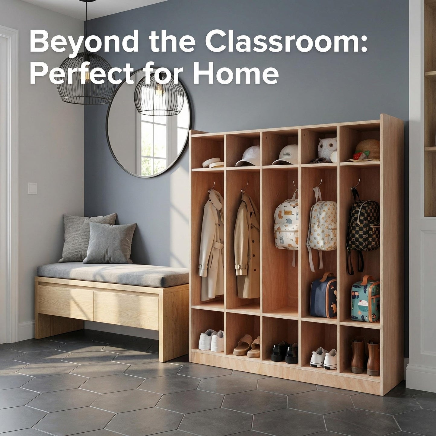 GarveeTech 5-Section Cubby Storage Organizer, Classroom Coat Locker with 4 Casters, 5 Hooks & 2 Storage Boxes, Heavy-Duty Plywood Daycare Furniture for Preschool & Kids Entryway, 48" Tall