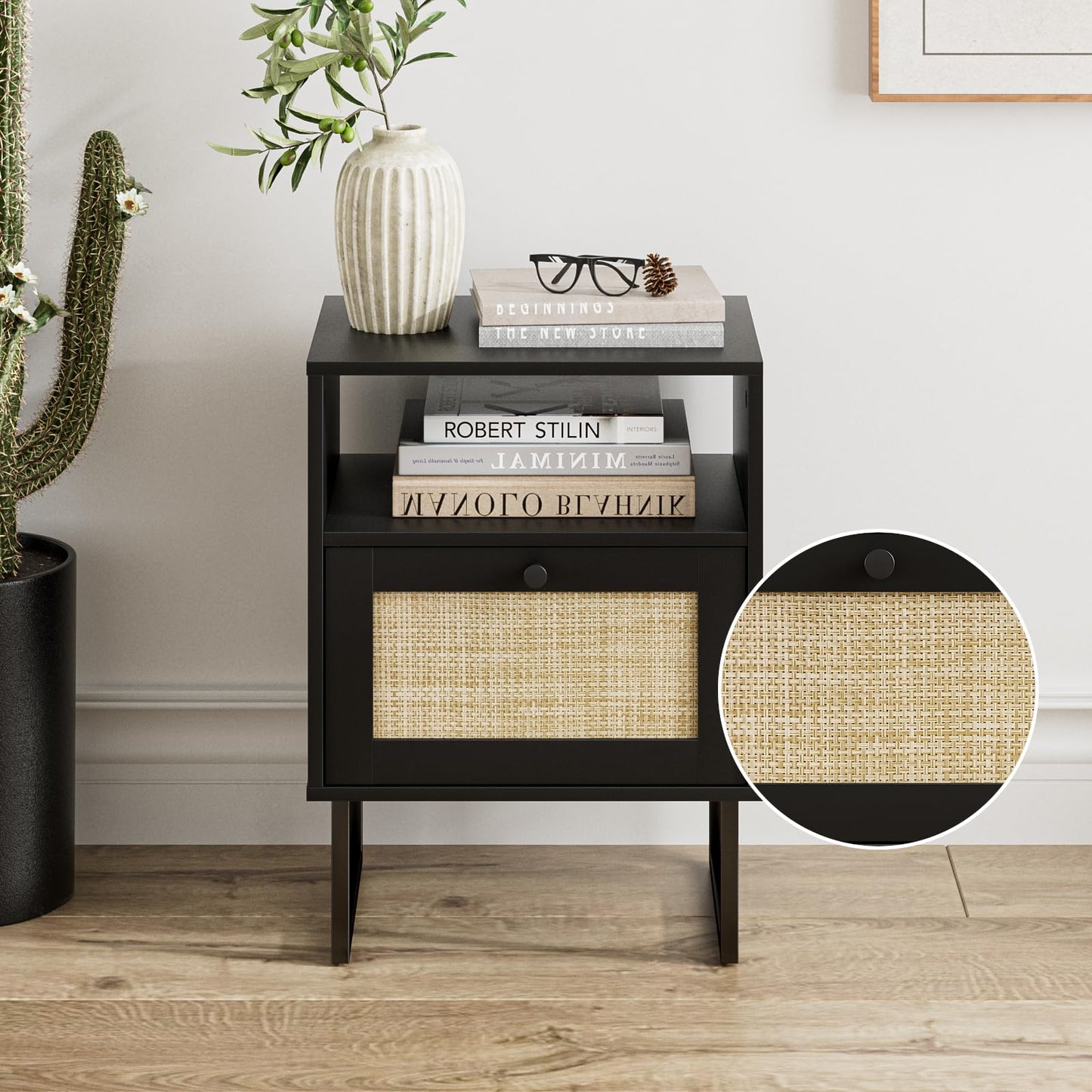 Masupu Rattan Nightstand,Modern Boho Farmhouse Wood Bedside Table with Storage Drawer and Open Shelf,Small Black Frame Side End Table for Bedroom,Living Room,Office (Black)