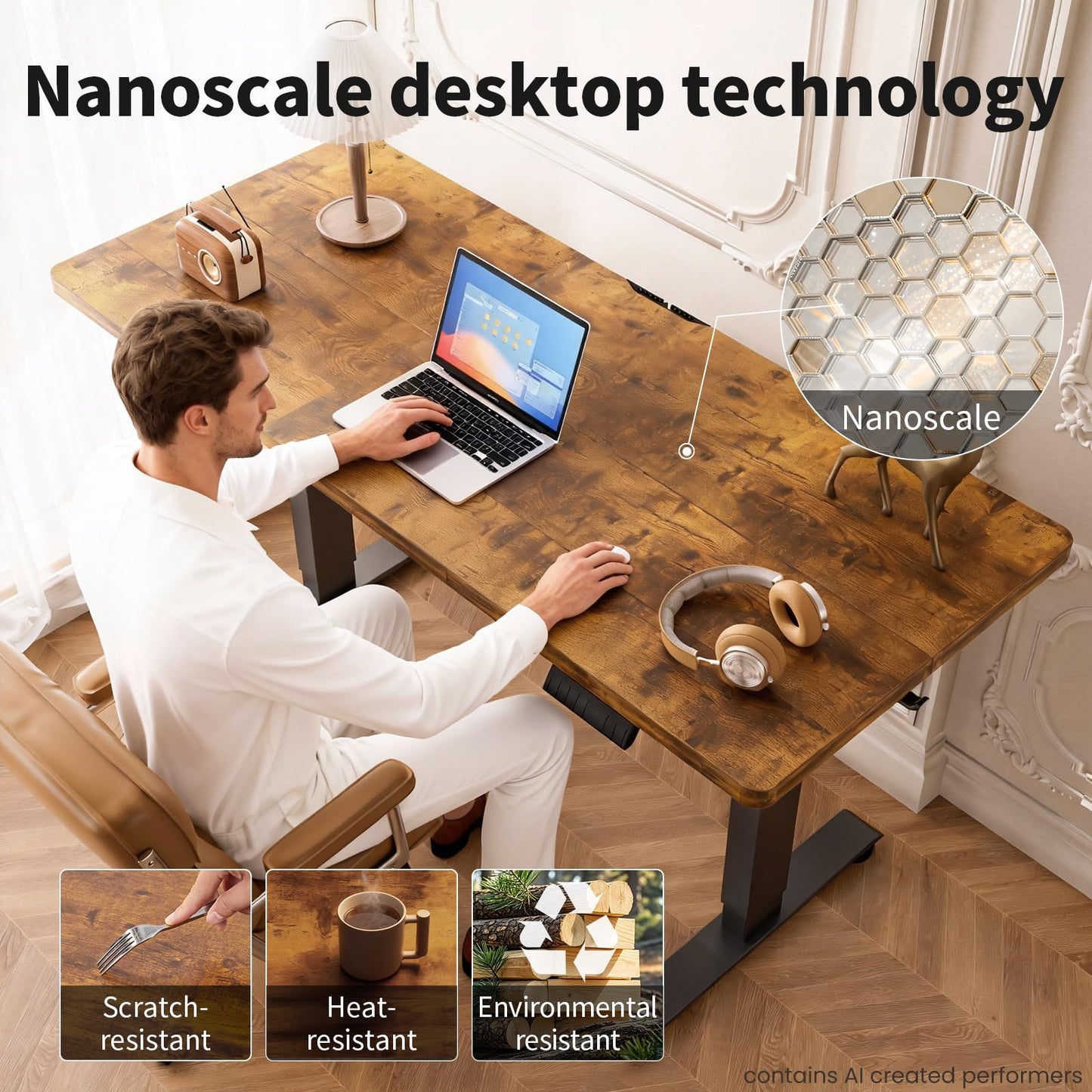 Veken 55 Inch Large Electric Standing Desk, Heights Adjustable, Sit to Stand Up, Work Home Office Computer Table for Study, Walking Pad, Writing, and Games, Wooden Desktop Desks, Brown