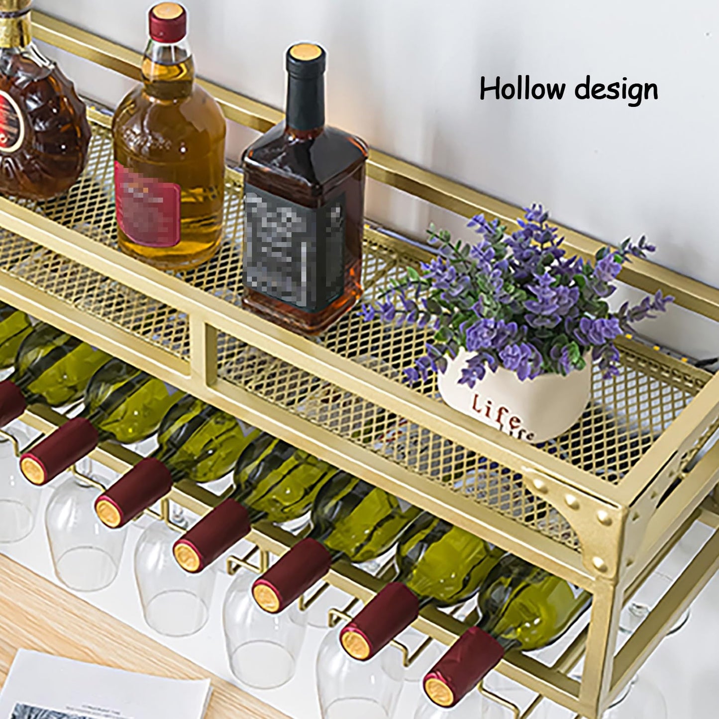 WXPWAMZ Gold Wall Mounted Wine Rack - Metal Floating Wine Bottle Holder Stylish Wine Storage Shelf with Glass Holder for Home Bar Café Kitchen - 60x25x14cm