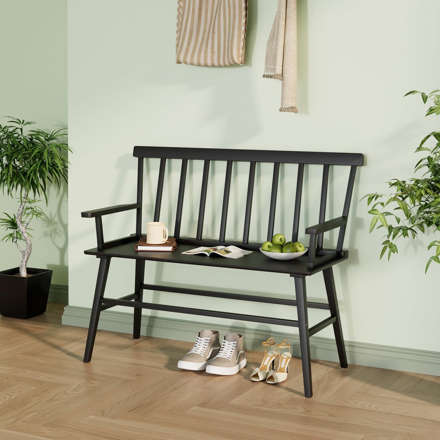 Wisuce Essentials Bamboo Dining Bench, Entryway Bench with Spindle Back Farmhouse Wood Windsor for Foyer Balcony Living Room (Black)