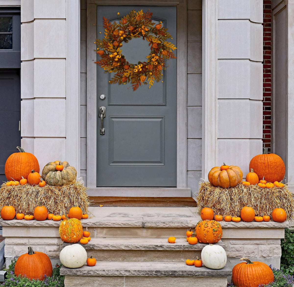 WreathDream 20 inch Fall Wreath Autumn Oak Leaves Wreath with Cape Gooseberry,Oak Leaf,Acorn,Berry,Pine Cone for Front Door Farmhouse Indoor Outdoor Festival Home Decor