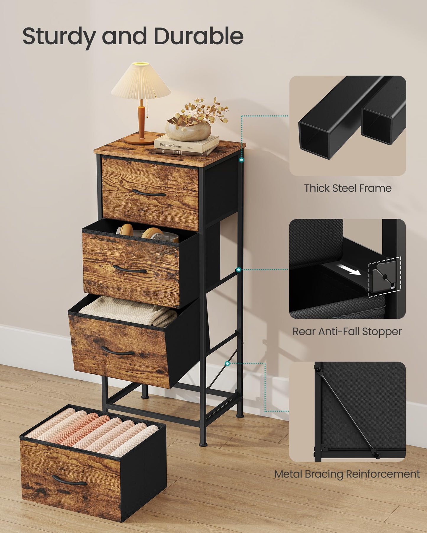 SONGMICS Dresser for Bedroom, Chest of Drawers, Steel, MDF, 4 Non-Woven Fabric Drawers, Storage Organizer Unit, Closet, Entryway, Rustic Brown and Ink Black ULGS314B02S