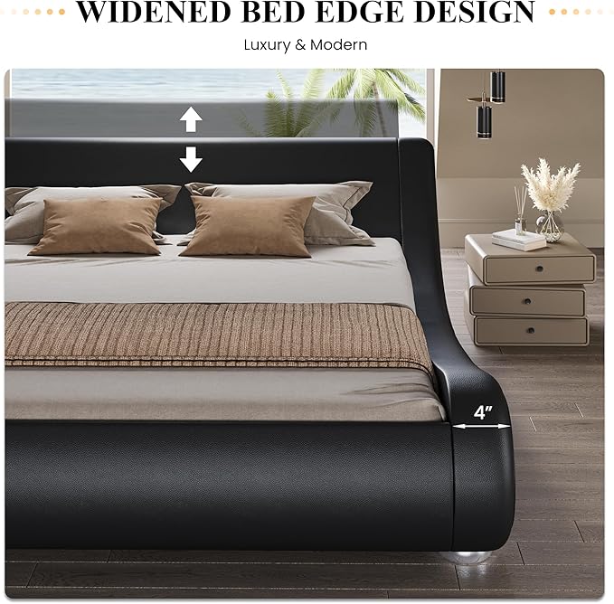 SHA CERLIN Queen Size Upholstered Bed Frame, Deluxe Low Profile Sleigh Bed