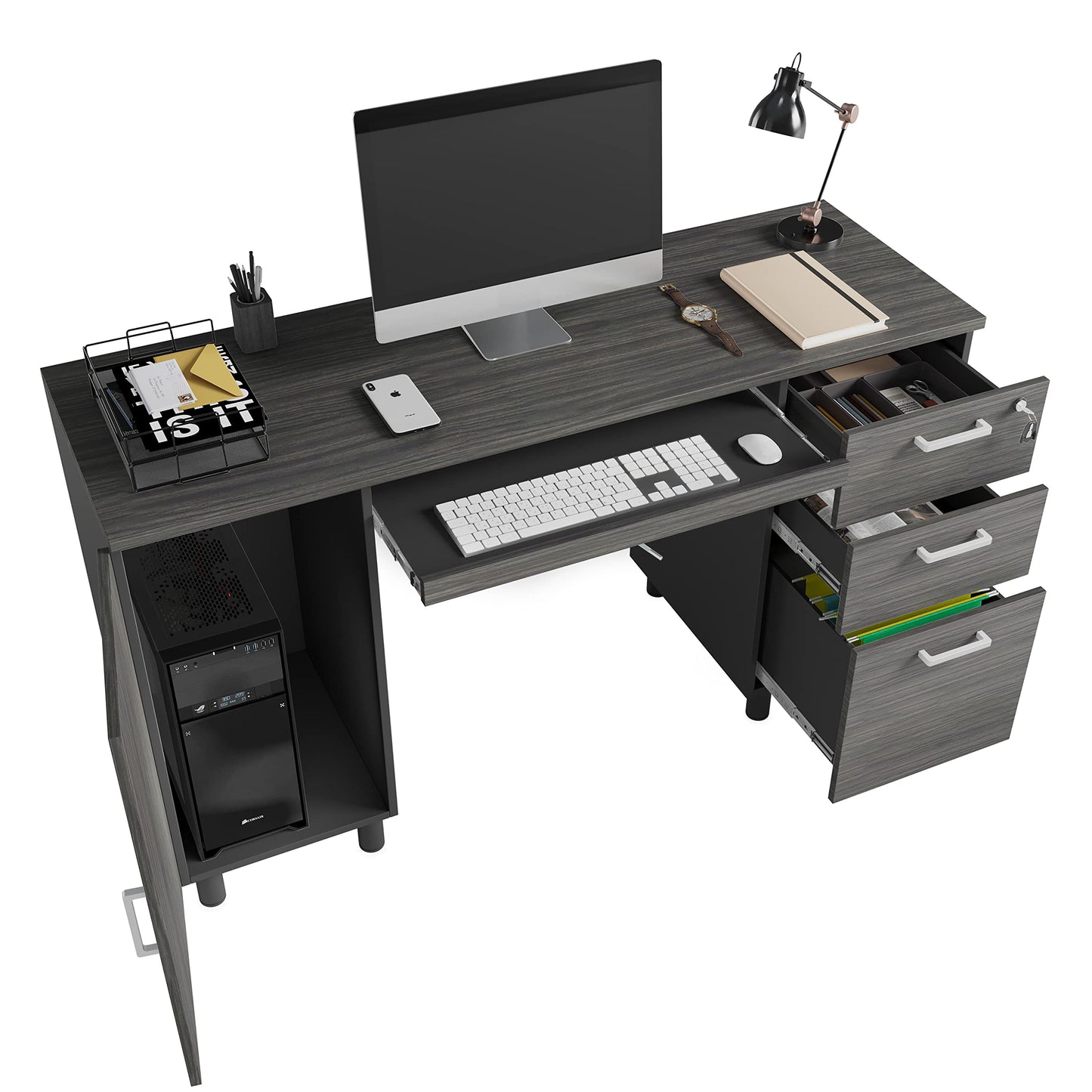 Modern Design Venice Computer Desk with Lockable Drawers, 53 Inch Home Office Desk with Storage Cabinet, Keyboard Tray & Cable Management, Modern Study Writing Desk for Small Spaces, Black and Grey