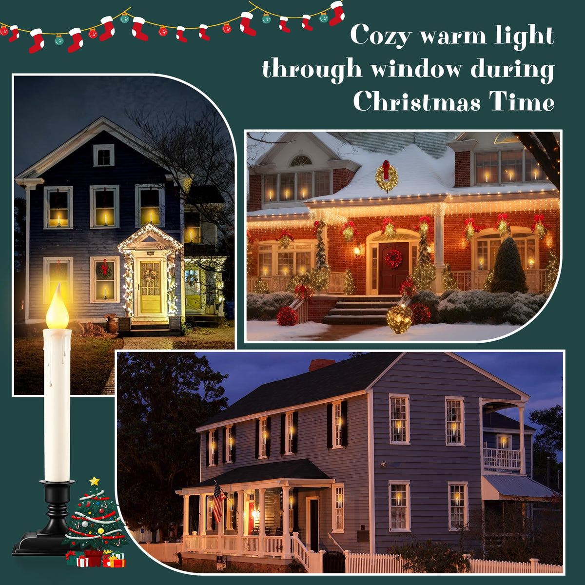Enhon 18 Pack Battery Operated LED Window Candles, Dusk to Dawn Light Sensor, with Black Holders and Suction Cups, Ivory Christmas Window Candles, Amber Flicker Flame (Batteries AA Included)