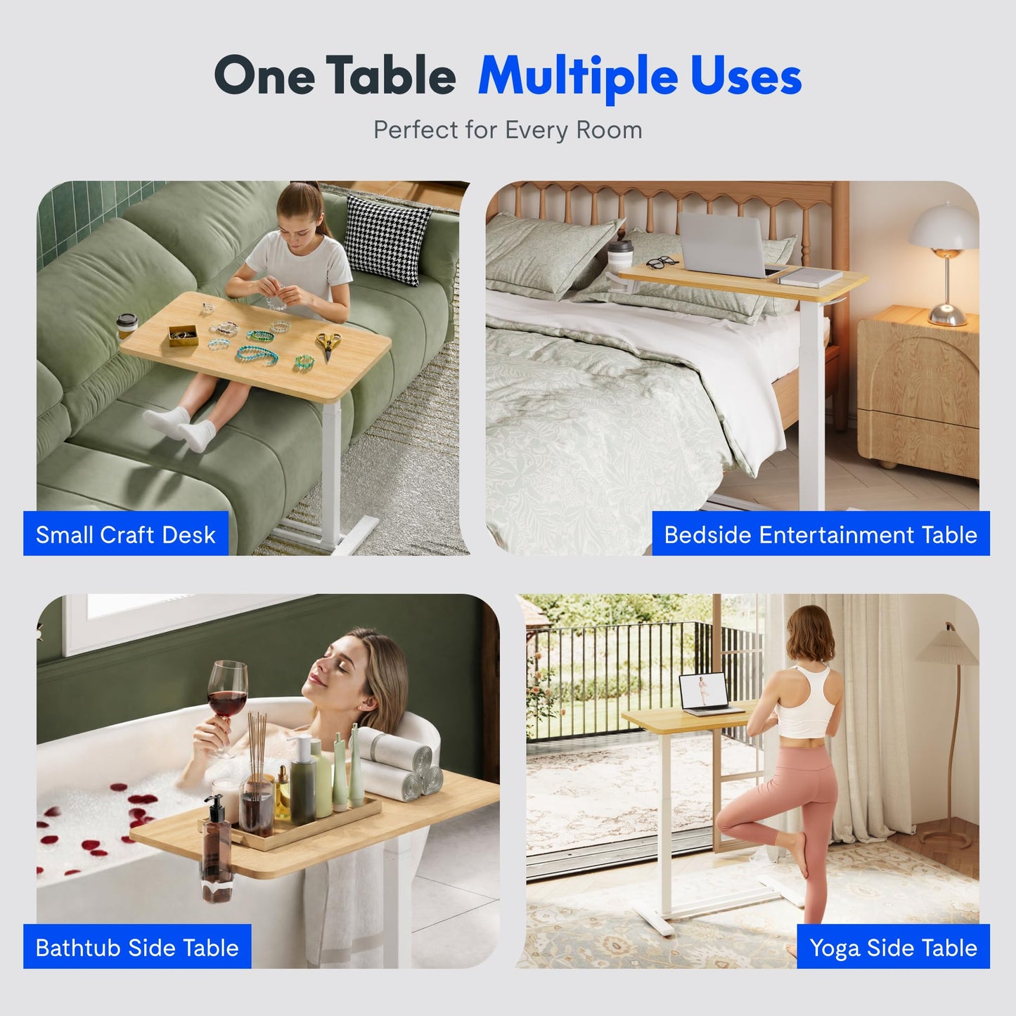 FLEXISPOT H7 Adjustable Overbed Bedside Table with Wheels Pneumatic Mobile Standing Desk Laptop Desk Rolling Computer Cart Movable Overbed Table Hospital Home Use(27.6" W x 15.7" D, Maple Table)