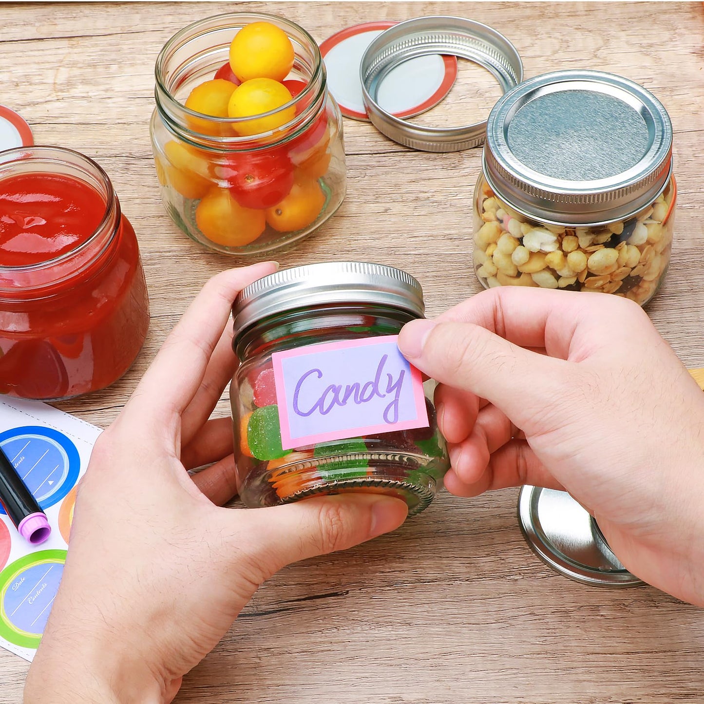 8 oz Mason Jars 30 Pack,Small Glass Containers with Lids,8oz Mason Jars with Lids,Canning Jars,The set includes 1 wooden spoons, 8 stickers, and a purple pen,Ideal for jams, spices, candy