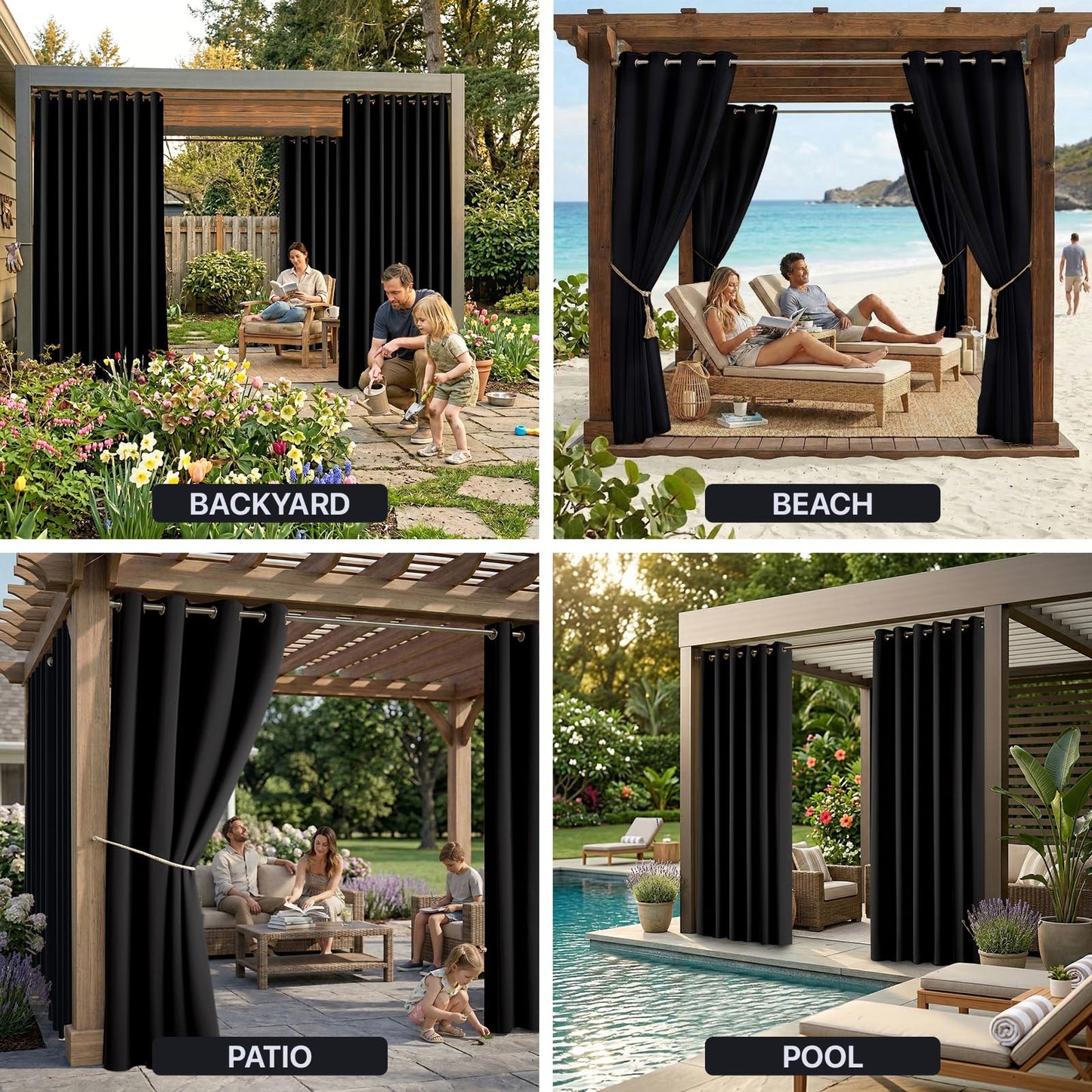 Water Proof Outside Curtains with Grommet Top for Porch, W84 x L95 Thermal Insulated Washable Light Block Outdoor Divider Drapes for Patio Gazebo Deck Pool Area Pergola Cabana (Black)